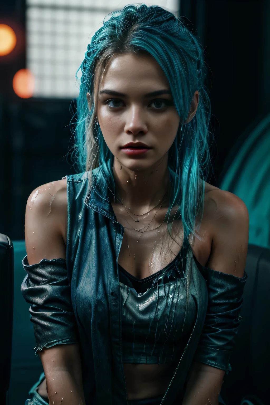 (Cinematic tones)(The film uses cool colors of blue and gray)(Nightclub:1.9),(Huge :1.4),Top image quality, masterpiece, (Fidelity:1.4), blue hairs, cyberpunk world, streamer, gaming PC, stunningly beautiful woman, (Deeply condolences), leather shirt, shadowy, happy, crazy, Cinematic(ripped clothing:1.5), (Wet clothes:1.4), bare shoulders, wetting hair, internet