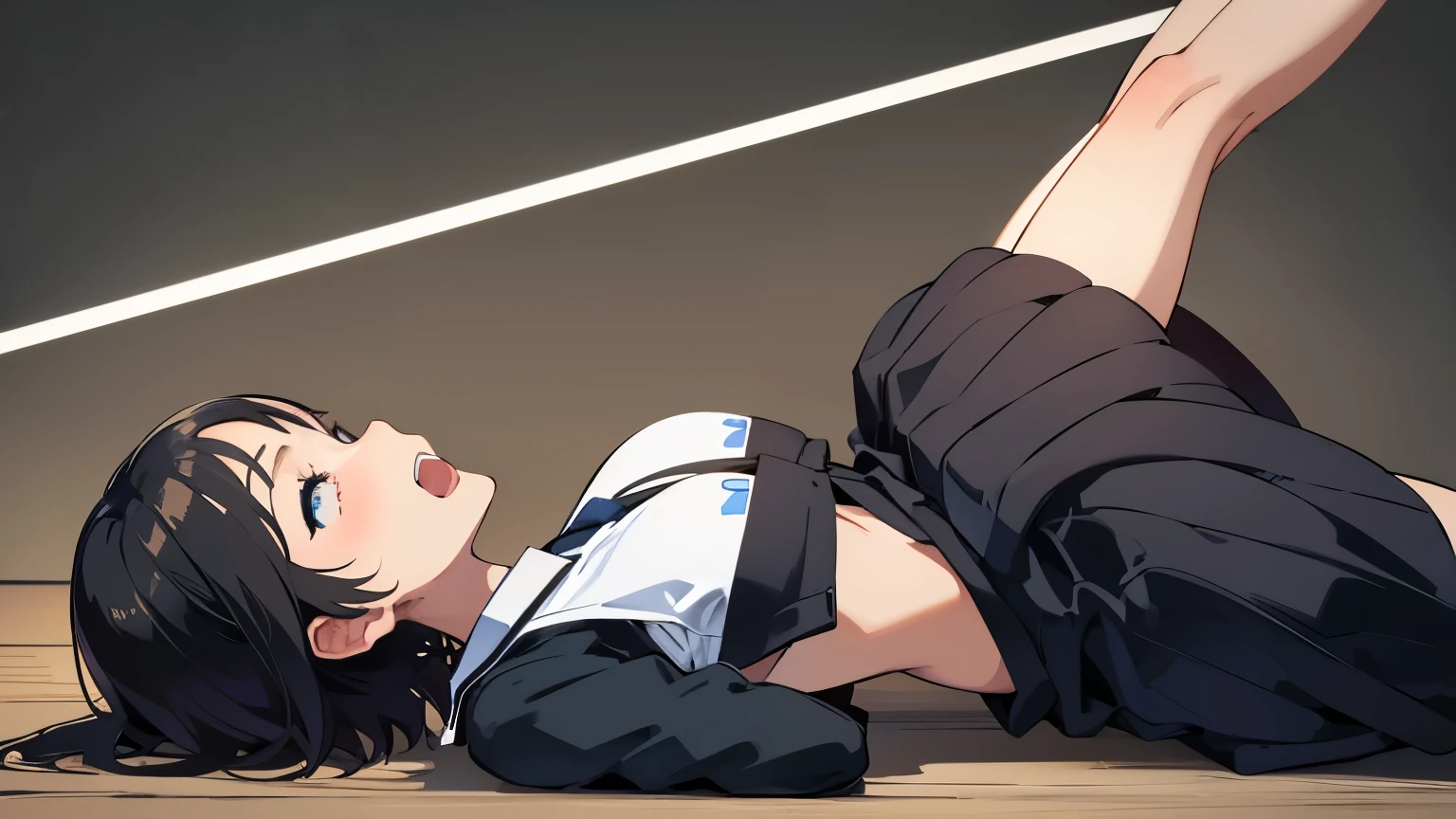 from the side, 1 girl, missionary position, man on top, lying on her back, bend backward, bend backward, bend backward, bend backward, school uniform, big boob, slender, opening mouth, tongue, looking up direction, acme, sadness, black short hair