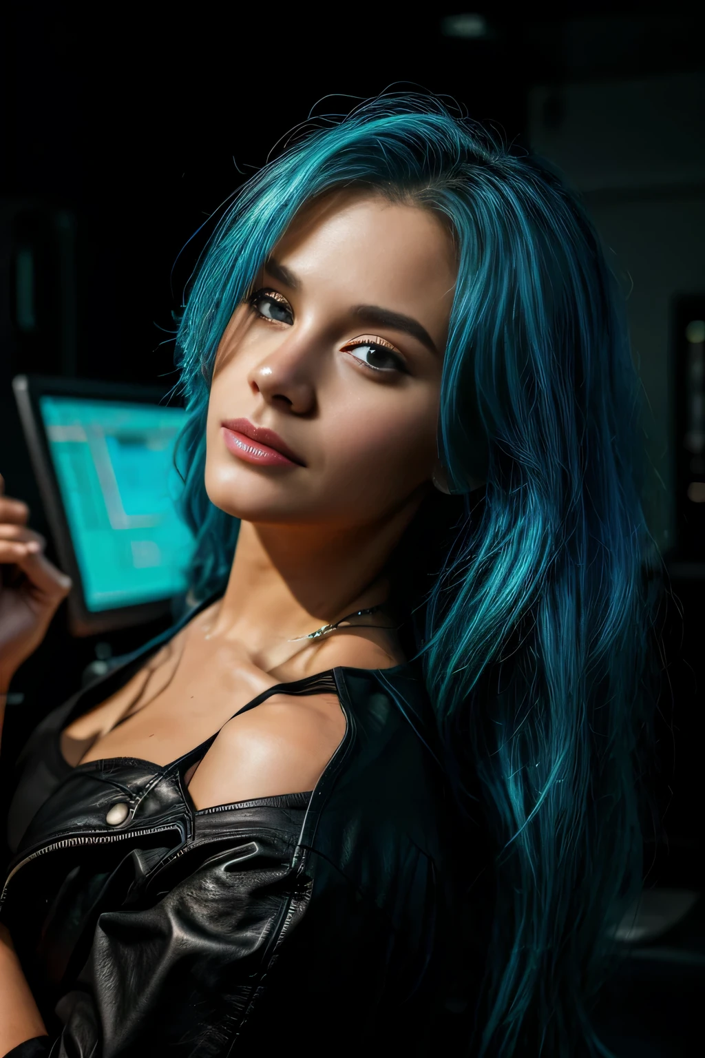 (Photorealistic)(Lo-Fi)(Streamer room:1.9),(Get wet all over your body:0.9),Top image quality, masterpiece, (Fidelity:1.4), blue hairs, cyberpunk world, streamer, gaming PC, stunningly beautiful woman, (Deeply condolences), leather shirt, shadowy, happy, crazy, Cinematic(ripped clothing:1.5), bare shoulders, wetting hair, internet