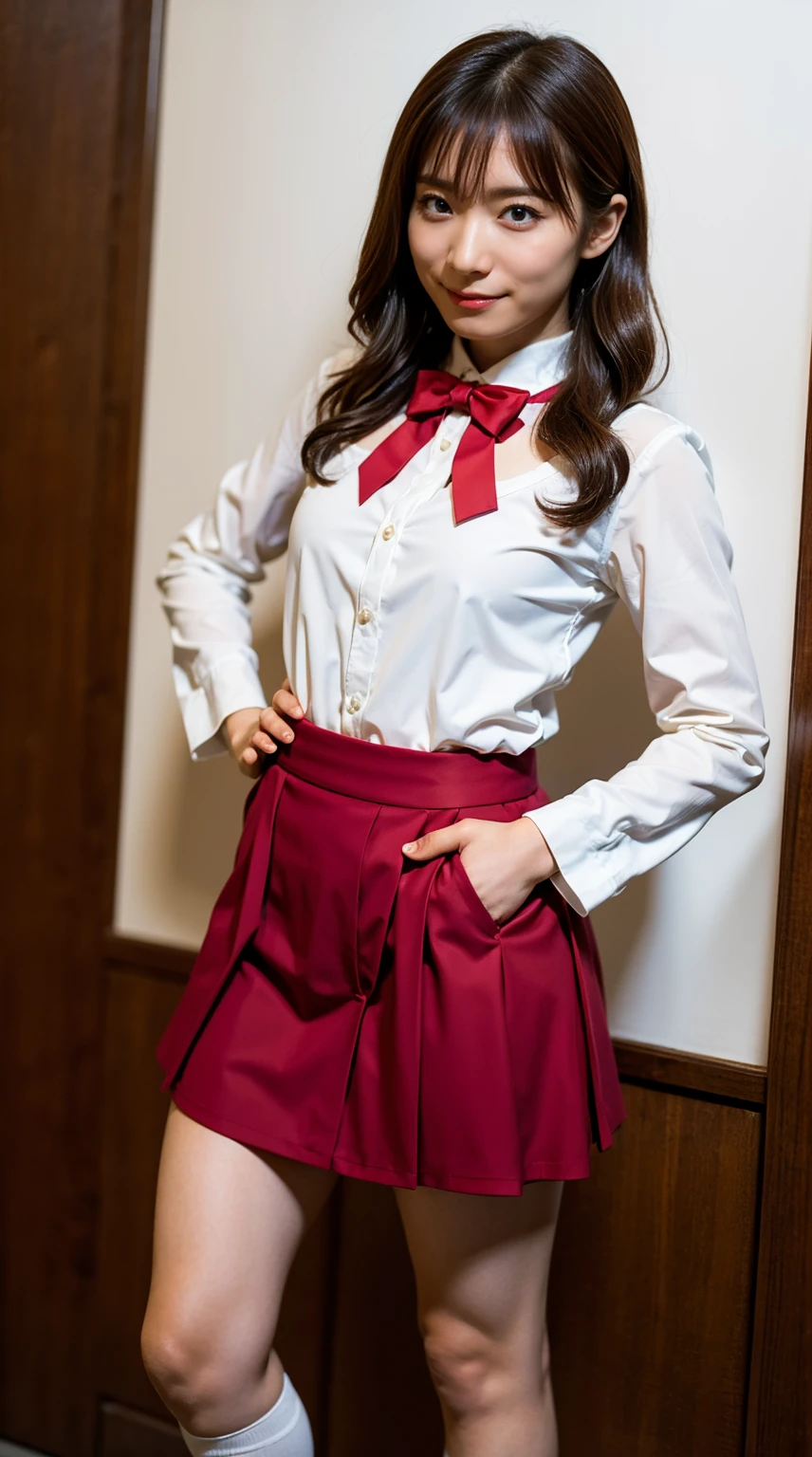 (8K、RAW photo、highest quality、masterpiece:1.2)、(realistic、Photoreal)、1 girl、I have a mole next to my eye、((、pink ee-through costumes、Magical Girl Costume、cosplay）、（high school girl）、The skirt is rolled up、gal、lots of eyelashes、glitter on eyelids、Dark Red Knee-High Socks、Skeletally correct、thighs open、wavy twintails、cute smile、sweaty body、attractive body beautiful perfect body、Beautifully aligned fingertips、Standing with hands on his hip