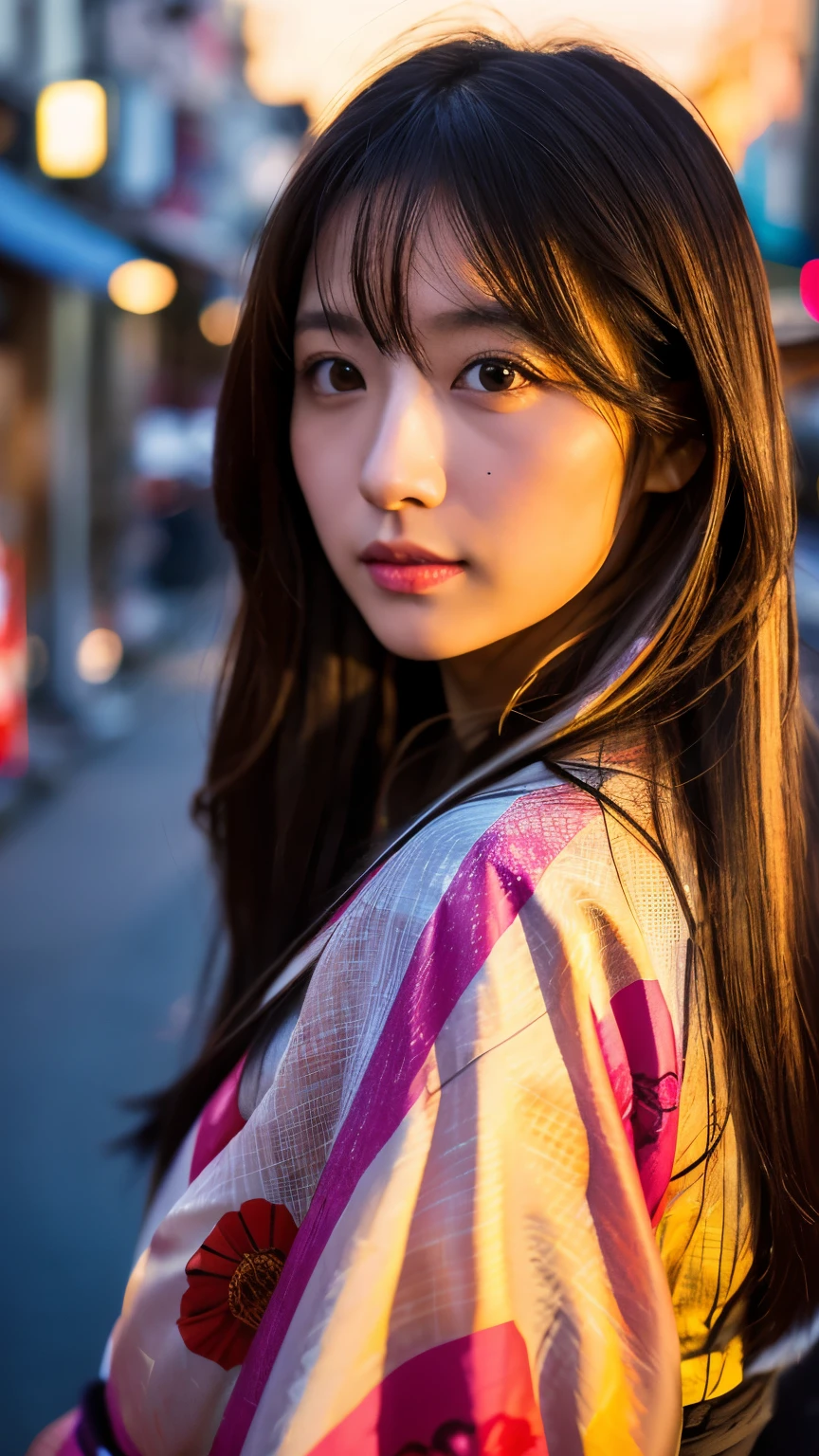 Beautiful Japanese supermodel woman, A lock of hair with slight highlights, black eyes, mixed media, Sexy，Japanese street background，bright kimono , Liquid color flows across her face, sunset，Photographed by Yui Aragaki
