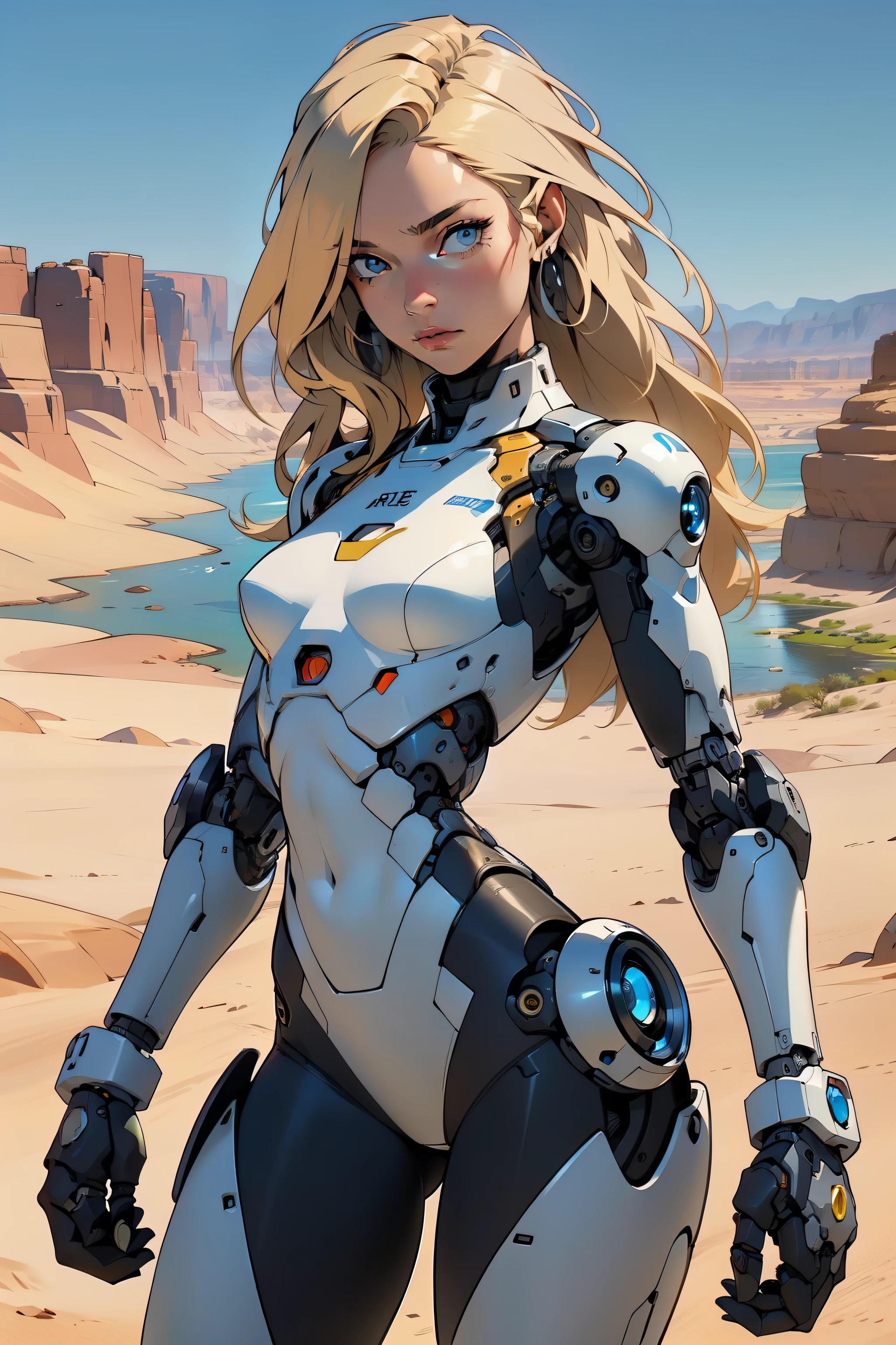 high quality, 4k, masterpiece, beautiful, cyborg girl, cowboy shot, dull eyes, looking at viewer, long blonde hair, girl, small breasts, slim thighs, robotic arms, robotic body, cyborg body, yellow accent, intricate detail, joint, detailed lines, robotic detail, holding fist up, holding hand up as fist, color robotic parts, robotic parts with color, perfect fingers, on a desert planet, sunny background, colorful desert, a river or a lake in the background