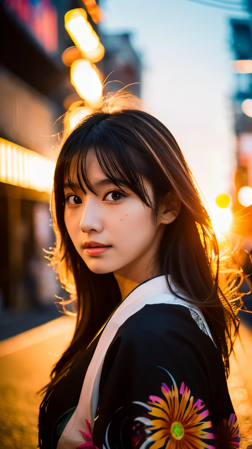 Beautiful Japanese supermodel woman, A lock of hair with slight highlights, black eyes, mixed media, Sexy,Japanese street background,bright kimono , Liquid color flows across her face, sunset,Photographed by Yui Aragaki