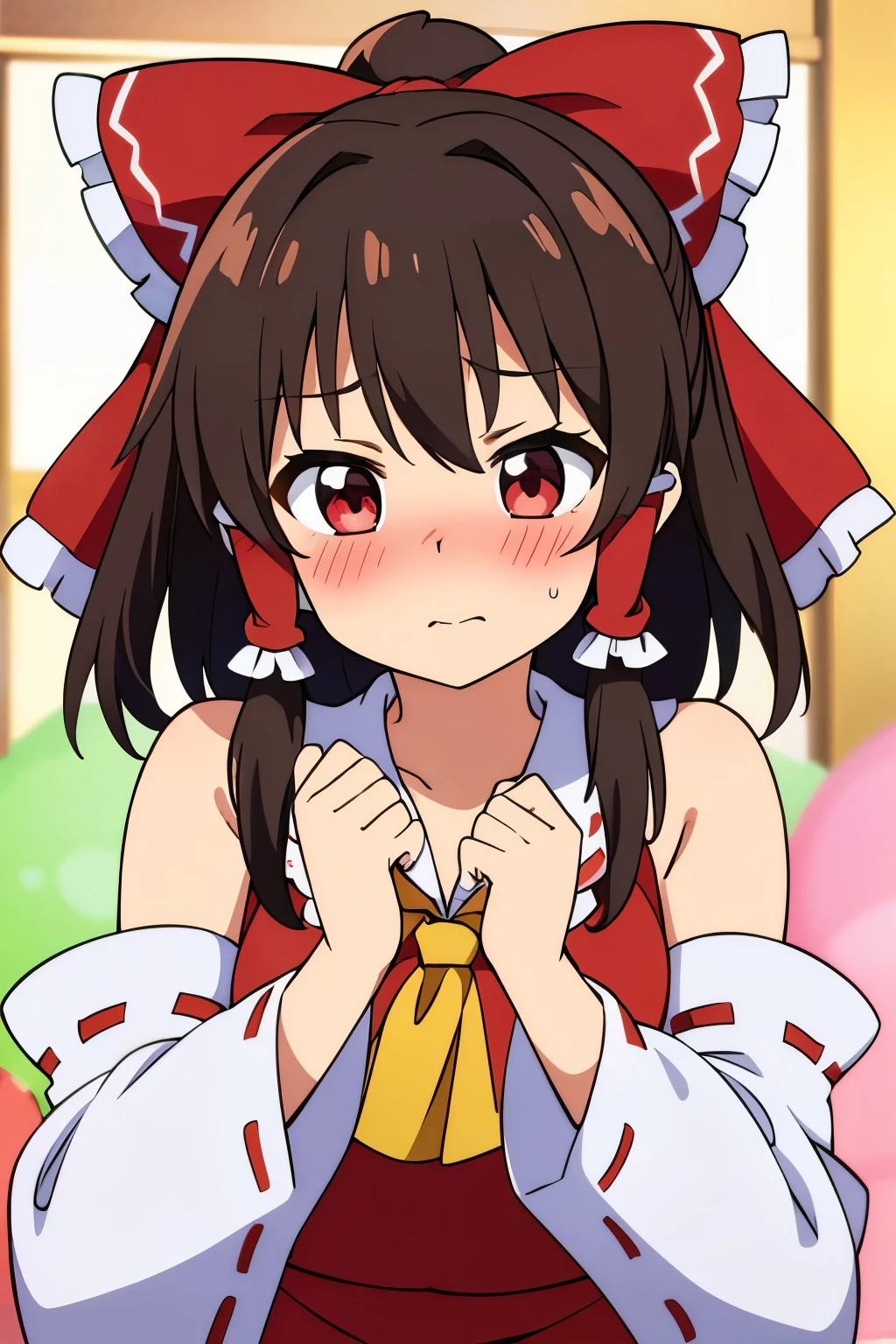 anime style、(masterpiece)、((highest quality))、Reimu Hakurei、blush、embarrassed expression