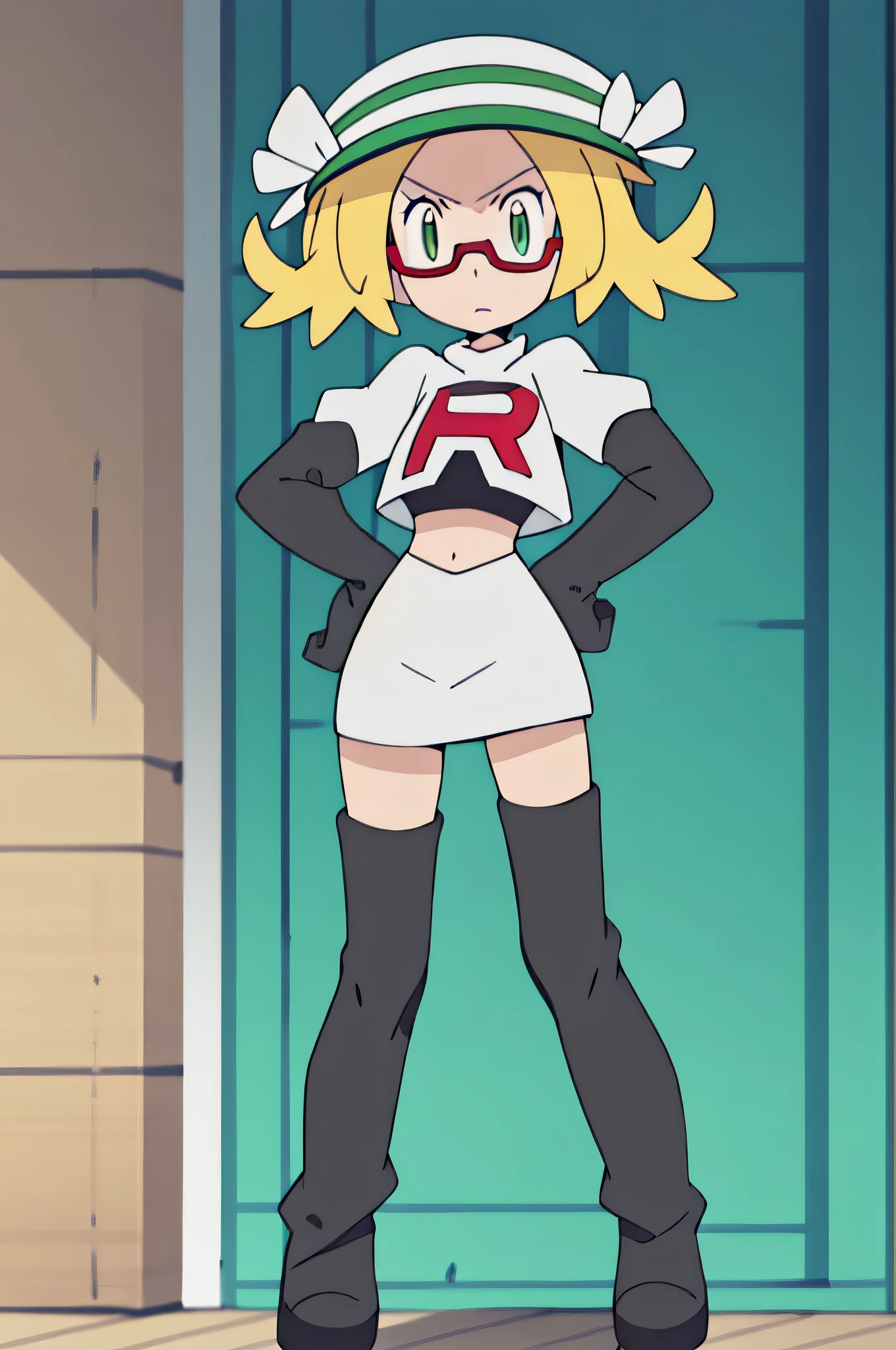 masterpiece, best quality, highres,team rocket uniform, red letter r, white skirt, white crop top, black thigh-high boots, black elbow gloves, glaring angrily, looking at viewer, hands on hips, full body seen, zettai ryouiki, Bianca, green hat, glasses