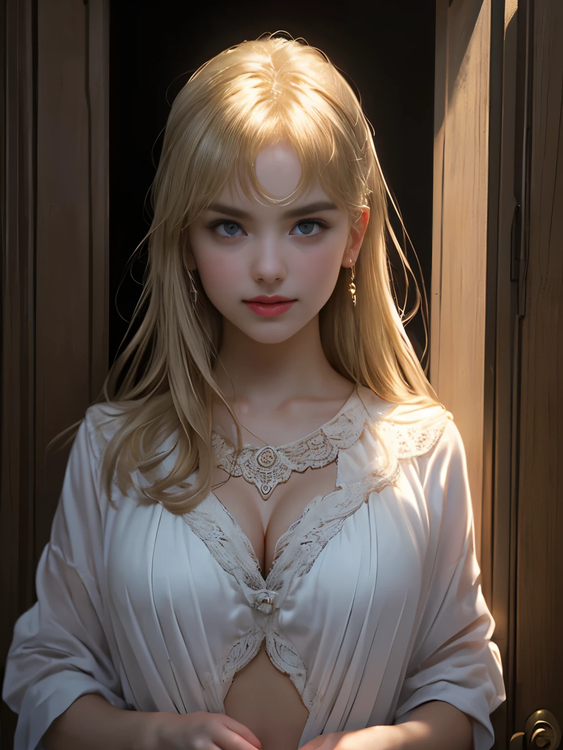 (close:1.3, (highest quality, masterpiece, Super detailedな),(8k wallpaper),(1 girl, cute, gal), full body image, shoot from below
break, (, serafuku:1.3), (cleavage:1.3)
break, (open the door:1.3), (invite, draw in:1.3), Perfectly trimmed fingers,
break, (chest on cutting board, small breasts, No bra, pointed nipples, transparent nipples, (red eyes), Super detailedな brilliant big eyes, Big pupils, (Super detailedな blond hair), medium long hair, parted bangs),
break, ((intricate details)), Eye and face details,
break, ((masterpiece, highest quality, Super detailed, detailed face, 8K))