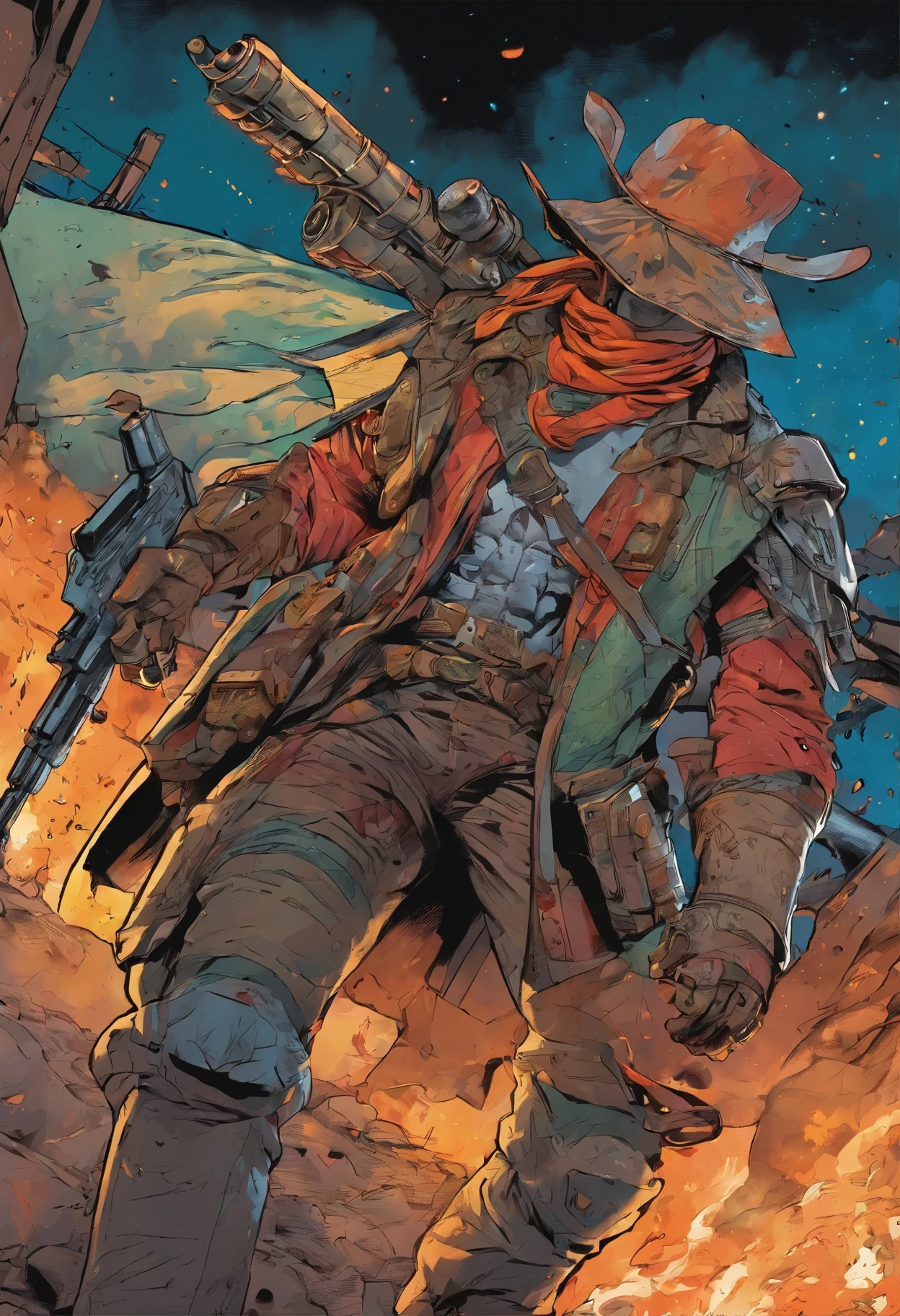 masterpiece:1.2, best quality, ultra detailed, absurdres, 1cyborg, 1male_focused, cyborg gunslinger, robot, robot face, blood splatter, (action shot), portrait, adorned in a dirty pancho, in the style of Destiny, fantasy, SCI-FI, science-fiction, night sky, fire, cowboy hat,
