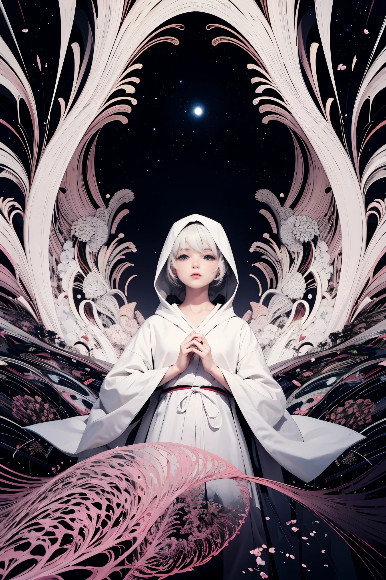 1girl,(platinum white_hair:1.1),(zentangle, mandala, tangle, entangle:0.6),(fractal art),the most beautiful form of chaos,brutalist designed, the most beautiful and highly detailed Harajuku-inspired hooded kimono, cherry blossoms blowing in the wind, enchanted, aesthetic, psychedelic, atmospheric, cosmic 