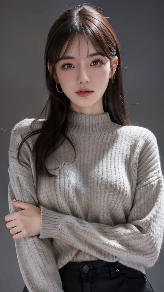 (the Extremely Detailed CG Unity 8K Wallpapers,masutepiece, Best Quality, Ultra-detailed), Gray background, 26-year-old female living in Japan, Sexy 26 year old woman, Bust emphasis:1.2, (Small size knitwear), Body line enhancement,