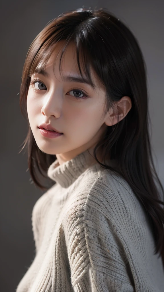 (the Extremely Detailed CG Unity 8K Wallpapers,masutepiece, Best Quality, Ultra-detailed), Gray background, 26-year-old female living in Japan, Sexy 26 year old woman, Bust emphasis:1.2, (Small size knitwear), Body line enhancement,