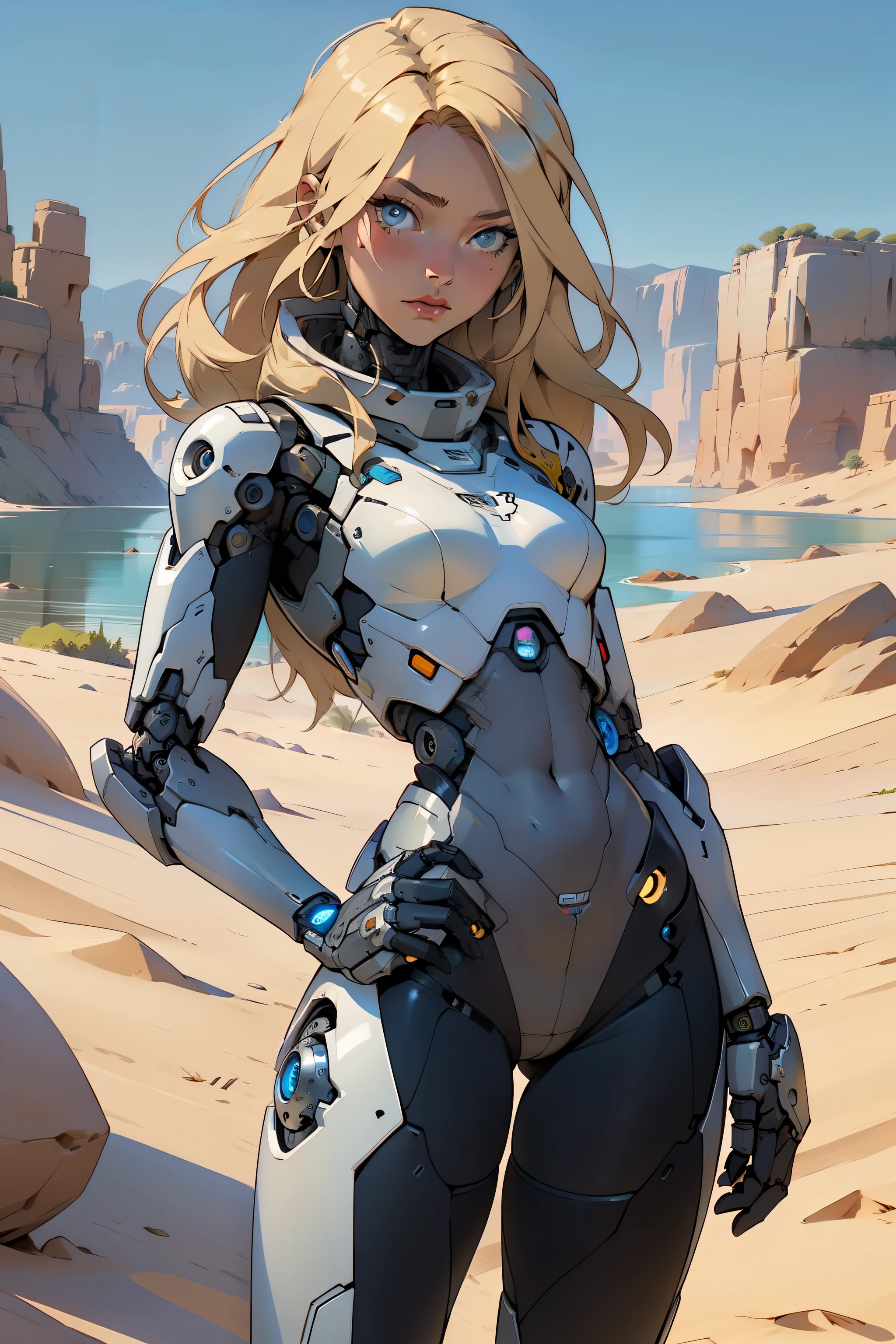 high quality, 4k, masterpiece, beautiful, cyborg girl, cowboy shot, dull eyes, looking at viewer, long blonde hair, girl, small breasts, slim thighs, robotic arms, robotic body, cyborg body, yellow accent, intricate detail, joint, detailed lines, robotic detail, holding fist up, holding hand up as fist, color robotic parts, robotic parts with color, perfect fingers, on a desert planet, sunny background, colorful desert, a river or a lake in the background