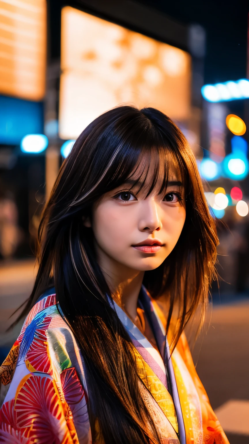 Beautiful Japanese supermodel woman, A lock of hair with slight highlights, black eyes, mixed media, Sexy,Japanese street background,bright kimono , Liquid color flows across her face, sunset,Photographed by Yui Aragaki