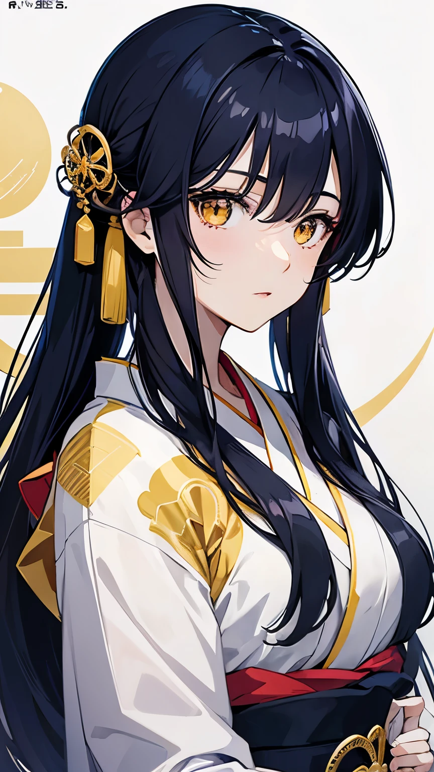 Cover magazine. anime, A woman. long hair. navy hair. Dark blue hair. golden eyes. Yellow eye. Half Body potrait. Upper body. elegan. White kimono. Adult. Mature woman. Women. Japanese. Hair accessories