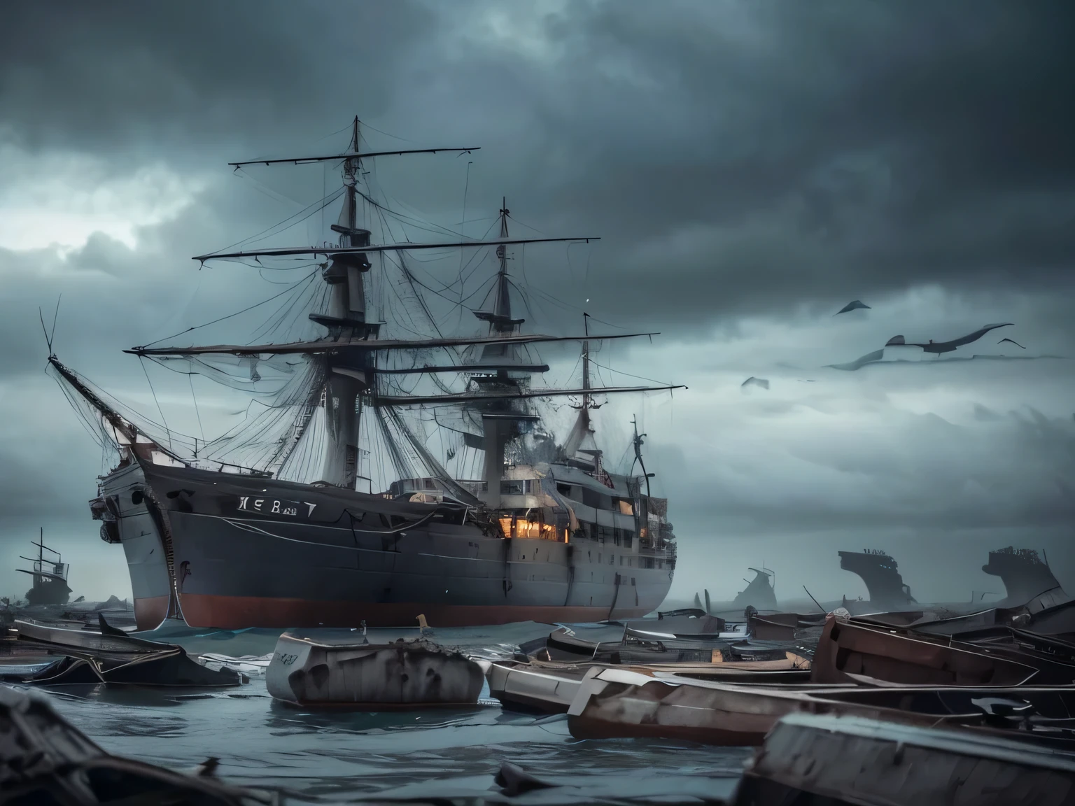 masterpiece, 最high quality, high quality, Highly detailed CG Unity 8K wallpaper, scenery, outdoor,there are no humans, landscape, trending on cgsociety, Complex, high detail, dramatic, The Art of Mid-Journey,winning photo, Bokeh, Depth of bounds written, HDR,(((((gray sky))))),(((((cloudy sky))))),((((Stranded ship)),sailboat,(Ship cemetery),rough coast,((shabby ship)),stranded on the beach