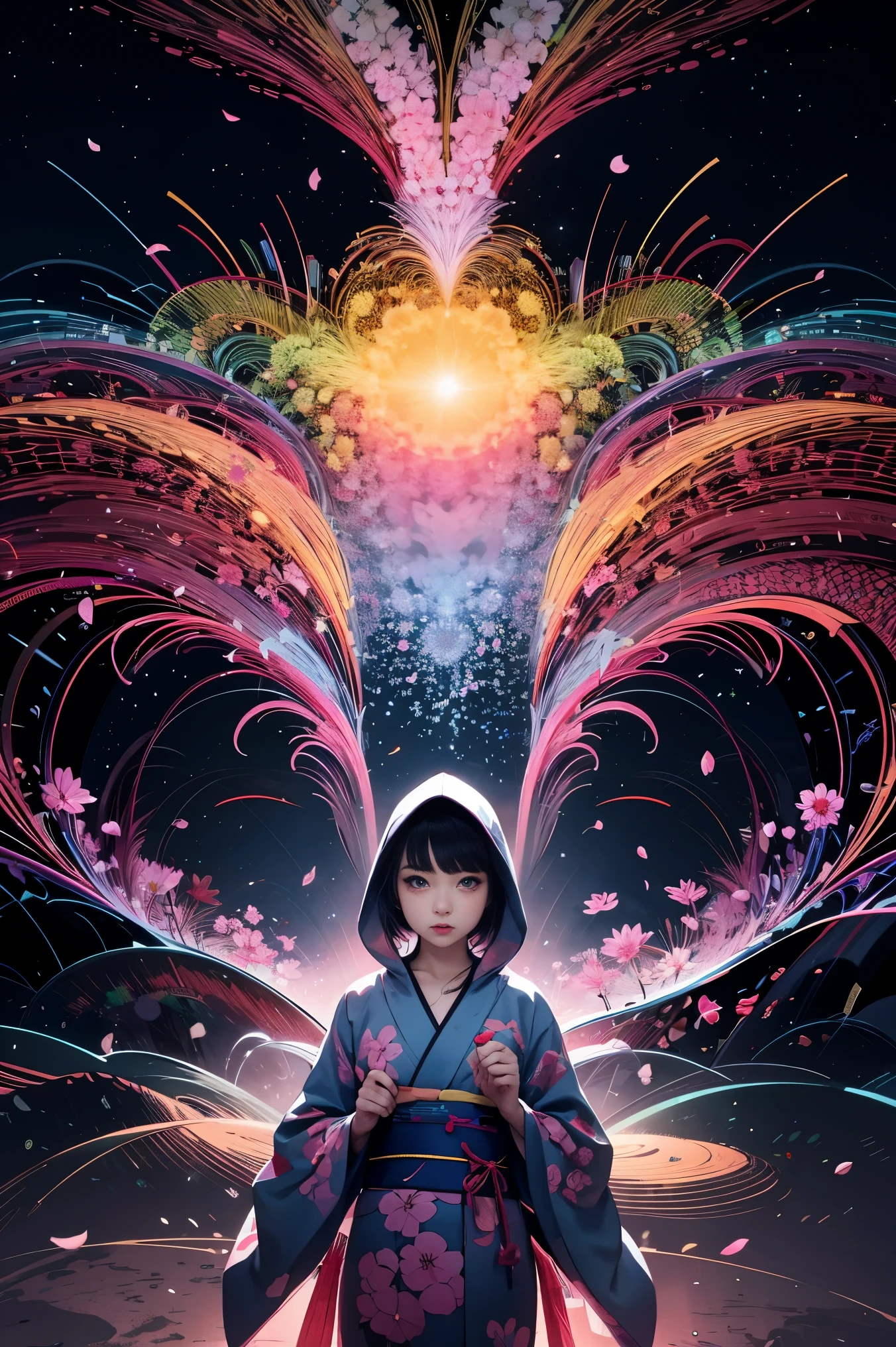 1girl,(neon_hair:1.1),(zentangle, mandala, tangle, entangle:0.6),(fractal art),the most beautiful form of chaos,brutalist designed, the most beautiful and highly detailed Harajuku-inspired hooded kimono, cherry blossoms blowing in the wind, enchanted, aesthetic, psychedelic, atmospheric, cosmic