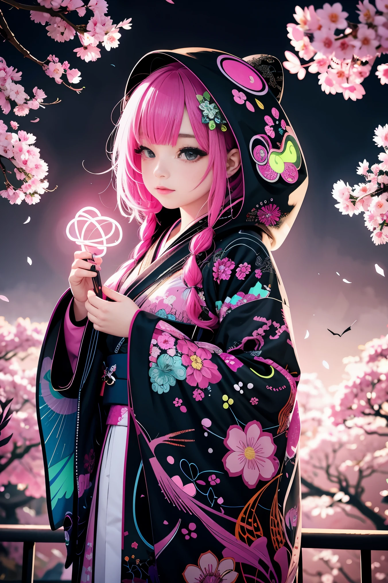 1girl,(neon_hair:1.1),(zentangle, mandala, tangle, entangle:0.6),(fractal art),the most beautiful form of chaos,brutalist designed, the most beautiful and highly detailed Harajuku-inspired hooded kimono, cherry blossoms blowing in the wind, enchanted, aesthetic, psychedelic, atmospheric, cosmic