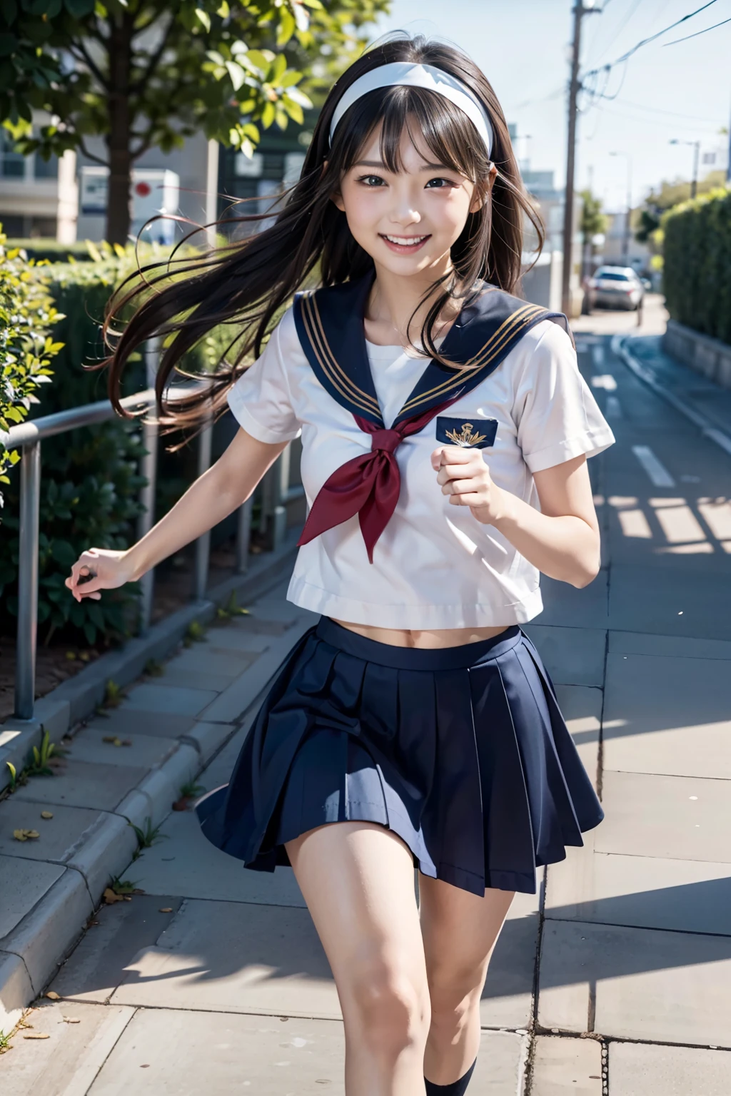 A young, eight-head-tall female character with long hair and a childlike yet mature feel, wearing a realistic sailor uniform that is indistinguishable from the real thing.、Create a scene with a calm expression and a gentle sidelong glance.。The character has long black hair.、In the background, a girl is running down a school corridor with her skirt fluttering.。A 10-second video in which the female character is smiling modestly