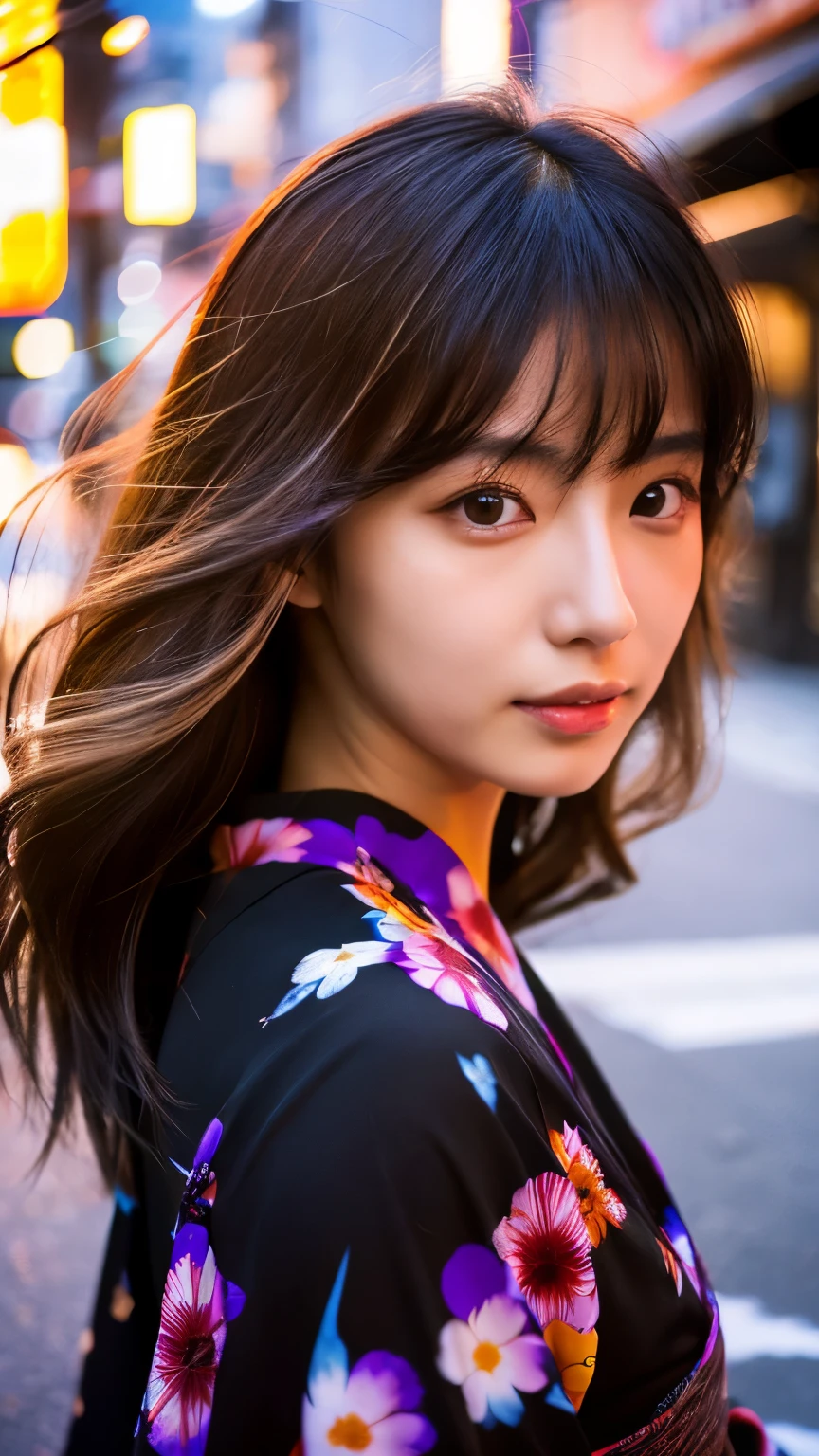 Beautiful Japanese supermodel woman, A lock of hair with slight highlights, black eyes, mixed media, Sexy，Japanese street background，bright kimono , Liquid color flows across her face, sunset，Photographed by Yui Aragaki