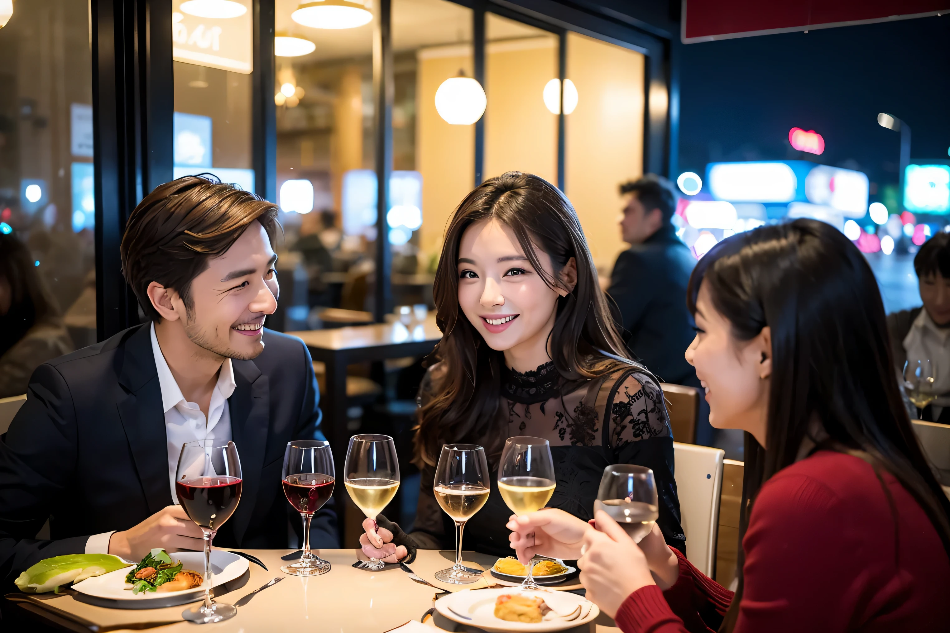 64k, UHD, highest quality, masterpiece: 1.2), (realistic, photorealistic: 1.37), Super detailed, celebration party、3 women who love wine、Three Men、champagne、Sparkling wine、winter night、restaurantでワイン宴会、(slimな男女4名),(Wine party for 5 people)、(slimフェイス),Happy、 最高なsmile、Fox Face、Berry Short、(because I&#39;thin), (brown hair), (shortcut), long sleeve shirt、winter fashion、Japanese、Dutch、German、Portuguese、Belgian、Italian、french, (gushing), (slimボティ), (brown hair), (shortcut), Neat beauty、cheeks blush a little, (34 years old), 38 years old, alone, A beautiful and detailed night view spreads out outside the window....., restaurant, wine glassが座っている, At night, in a prominent place (from the Upper body) nova frog style, actress, model, Upper body, White wine, slim, wine glass, Very beautiful night view, wine glass Put in the Middle, Happy smile, (smile: 1.15), 