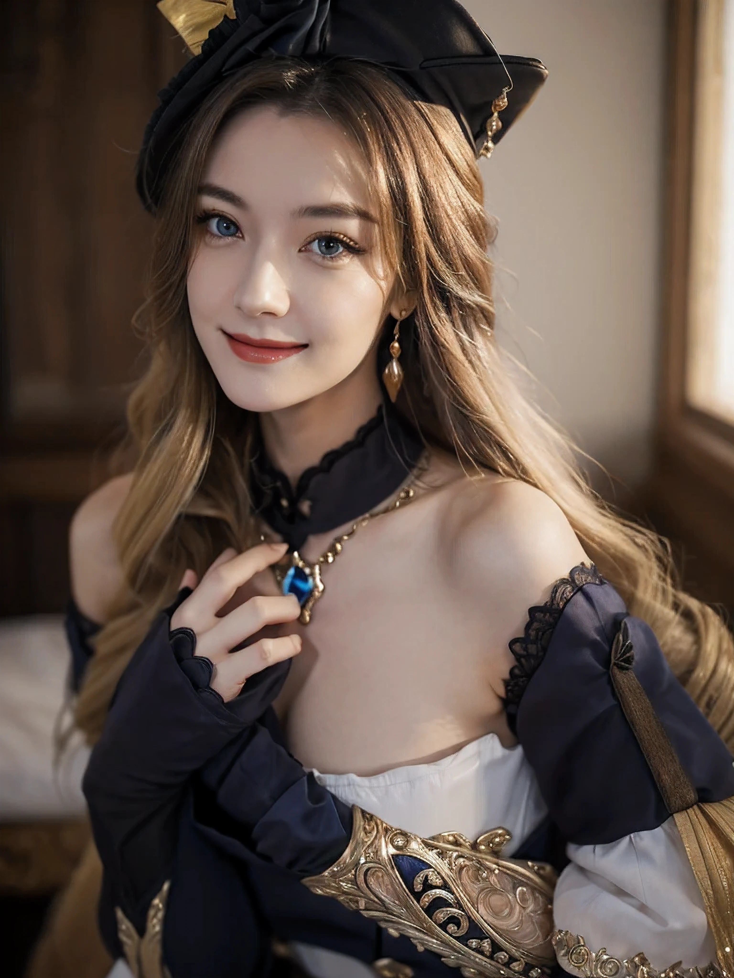 18-year-old girl, people portrait, (smirk: 1.5), (off shoulder), (no hat), 
navia /(genshin impact/), (looking at viewer), (cleavage, breasts), blue diamond necklace, 
(ornate gown), (a navy, white, and black bodice), black bodice, sleeveless low-cut bodice, golden decorations, open chest, extremely beautiful face, detailed face, detached sleeves, white ruffles, navy bows on sleeves, (off the shoulder puff trimmed with black lace, white ruffles and navy and yellow bows ), long hair, curly hair, golden hair, (blonde hair), ombre hair, tighter-fitting sleeves with golden decorations and blue stones, 
black and yellow long skirt, long train, open skirt at front, 
masterpiece, best quality,highres, 1girl, navia, black headwear, wariza, bare shoulders，sufficient light, 85mm, Canon, f/2.8, UHD,RAW,retina, masterpiece, ccurate, anatomically correct, textured skin, super detail, high details, high quality, award winning, best quality, highres, 8k,a girl,
 black thighhighs