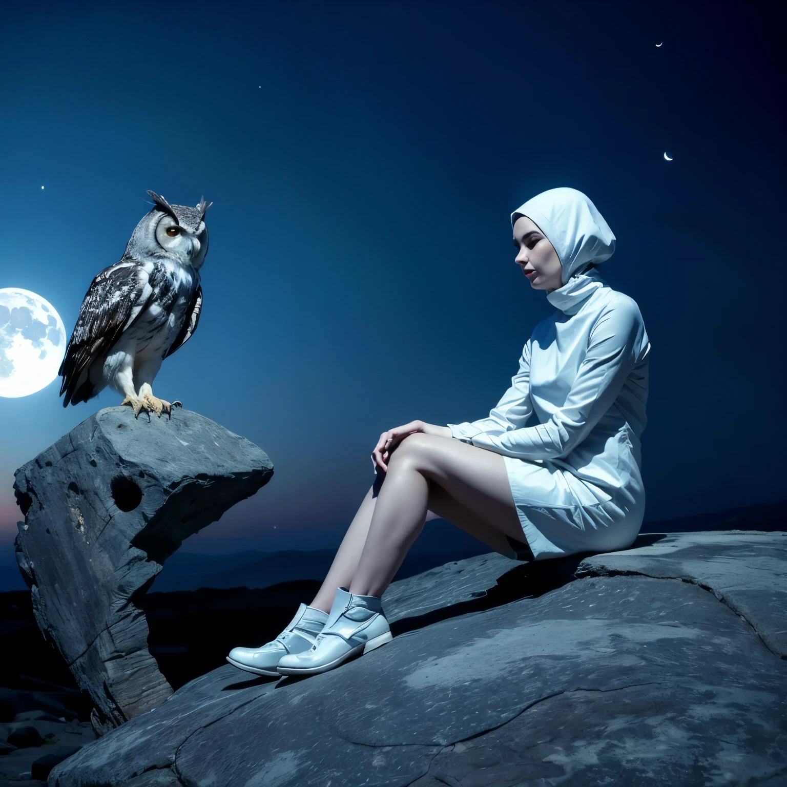 There is a woman sitting on a rock with an owl on her lap, Sentado en una luna, alexei kurylev photography, photography alexei gurylev, escena espiritual nocturna, por la noche con luz de luna, por la noche con luna llena, inspirado por Ibrahim Kodra, por Galen Dara, miss angel, with a giant robot owl, De pie en la luna