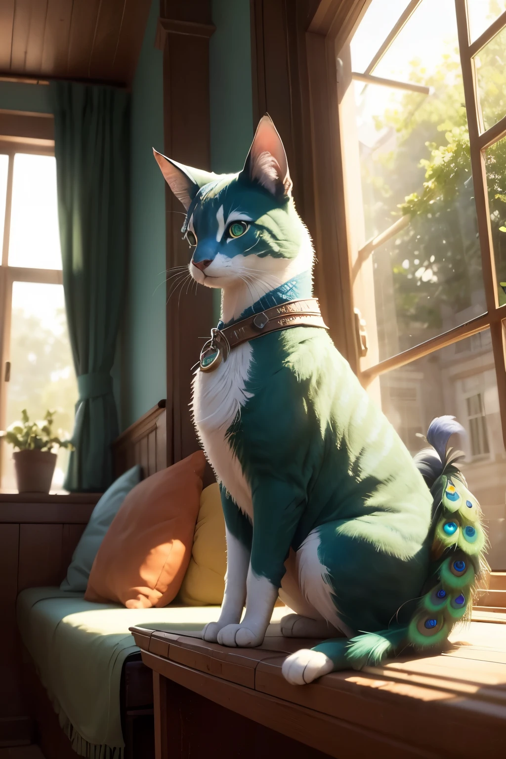 An eccentric peacock named Pippin, with a vibrant blue and green train, stands proudly beside a sun-kissed window. A playful dog named Bella, with wagging tail and sparkling brown eyes, gazes up at the peacock from below, ready for an adventure. A calm and mysterious cat named Mittens, with expressive green eyes and a fluffy white collar, sits on a nearby cushion, observing the scene with a slight smirk.

This serene scene is depicted in a 16:9 Aspect Ratio, with the warm sunlight filtering through the window, illuminating the room and creating a captivating atmosphere. The