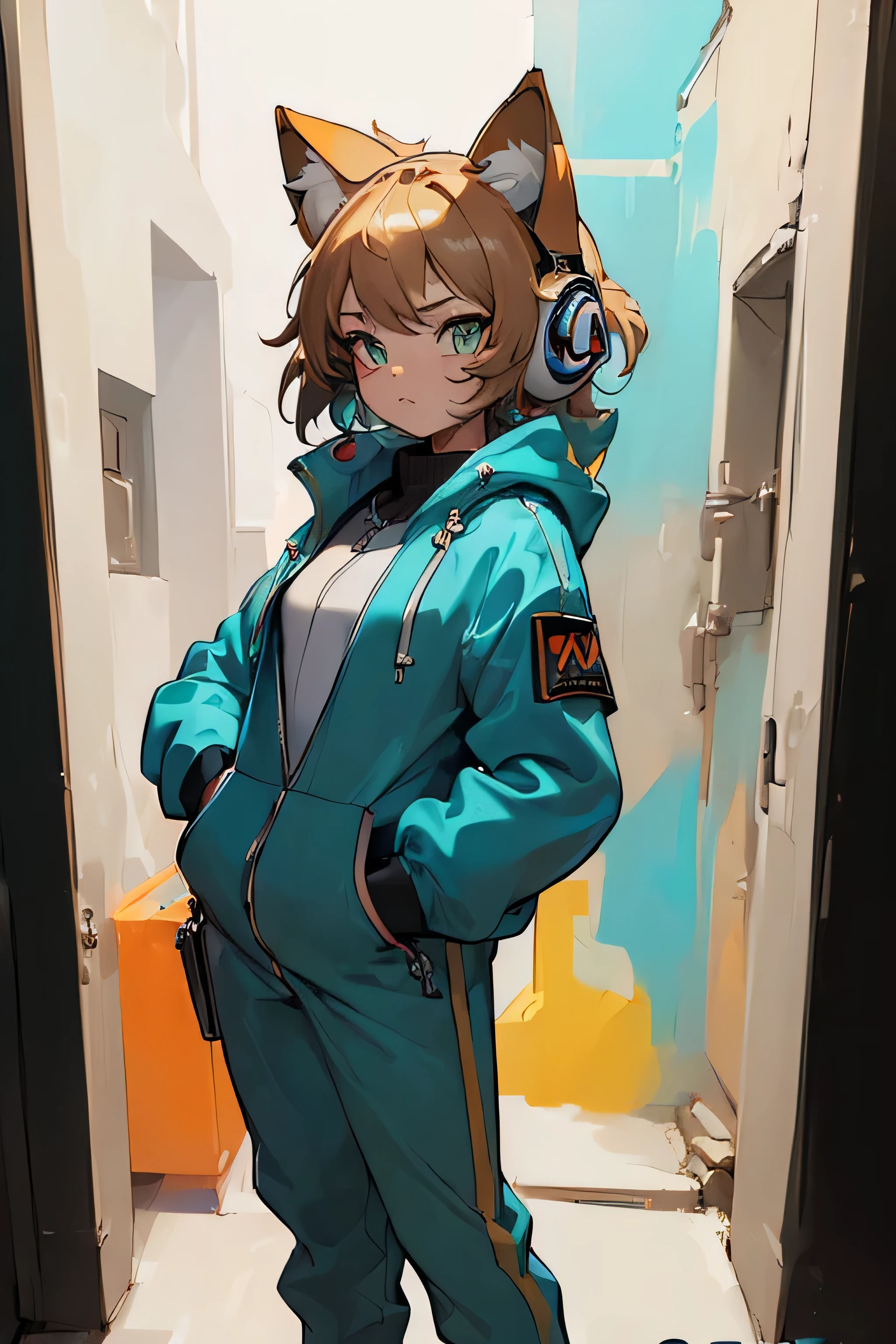 (Best Quality, Masterpiece, Ultra High Definition, High Definition, High Definition: 1.5), Spray Art Drawing Cat, Graffiti is being sprayed on the outside wall, Character, Colorful, Spray Art, wearing jumpsuits, Neon Color