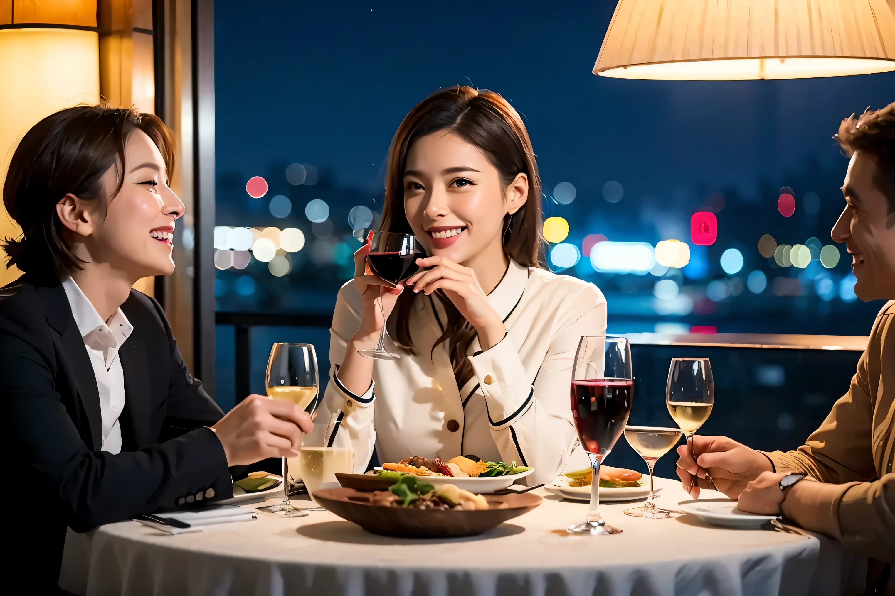 64k, UHD, highest quality, masterpiece: 1.2), (realistic, photorealistic: 1.37), Super detailed, celebration party、3 women who love wine、Three Men、champagne、Sparkling wine、winter night、restaurantでワイン宴会、(slimな男女4名),(Wine party for 5 people)、(slimフェイス),Happy、 最高なsmile、Fox Face、Berry Short、(because I&#39;thin), (brown hair), (shortcut), long sleeve shirt、winter fashion、Japanese、Dutch、German、Portuguese、Belgian、Italian、french, (gushing), (slimボティ), (brown hair), (shortcut), Neat beauty、cheeks blush a little, (34 years old), 38 years old, alone, A beautiful and detailed night view spreads out outside the window....., restaurant, wine glassが座っている, At night, in a prominent place (from the Upper body) nova frog style, actress, model, Upper body, White wine, slim, wine glass, Very beautiful night view, wine glass Put in the Middle, Happy smile, (smile: 1.15), 