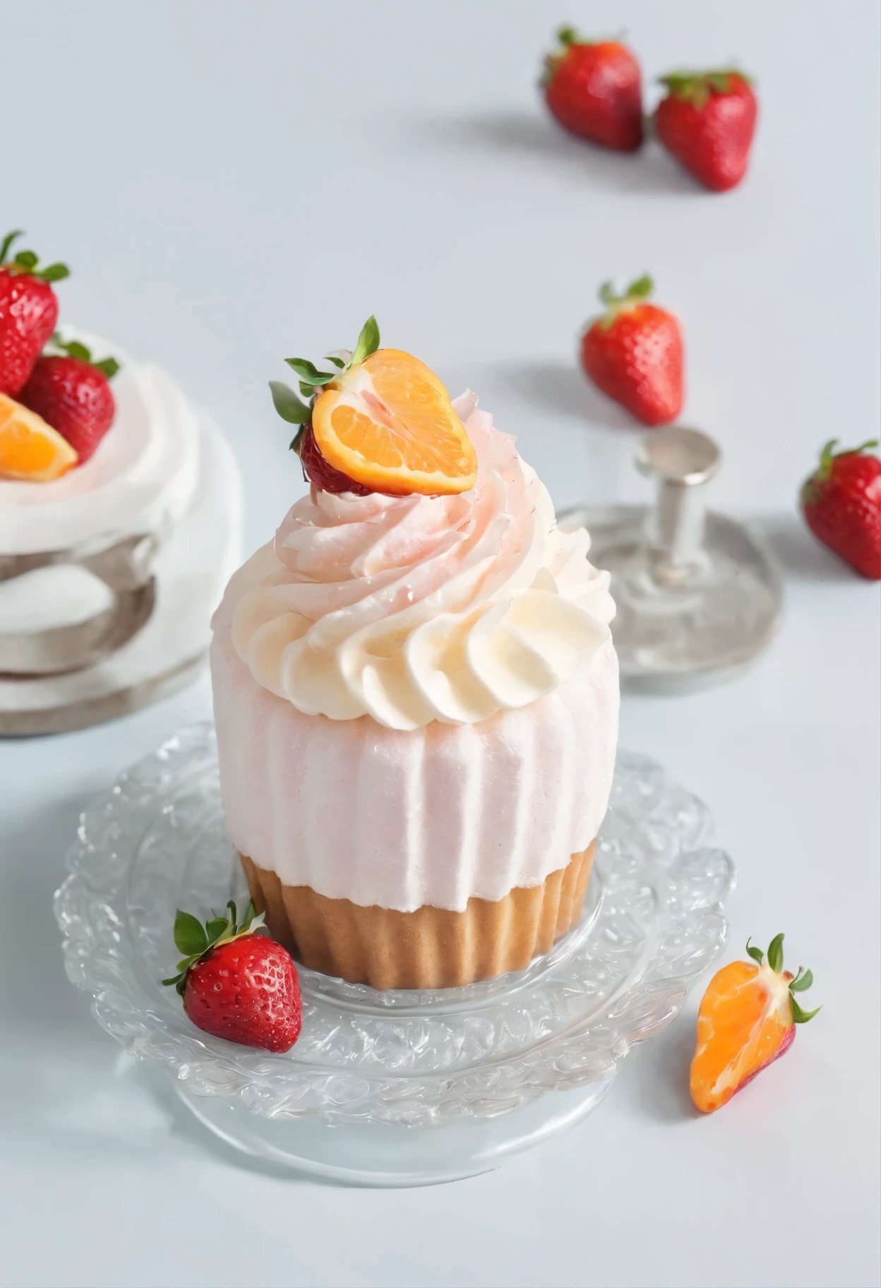 （pastel colour:1.2)、(cute illustration:1.2)、(watercolor painting:1.2)、white background、Floral、green leafs、strawberry, orange, fruits、Shortcake、citric acid、acid、甘acidっぱい、pale pinkish green throughout,,,、waffle、bread、cooking、cupcake、tiramisu、Cream cake、confections、high tea、sweet、particles of light、drink、Ice cubes、still life photography