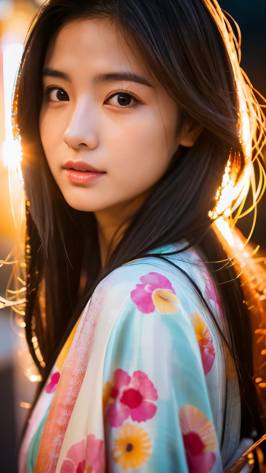 Beautiful Japanese supermodel woman, A lock of hair with slight highlights, black eyes, mixed media, Sexy,Japanese street background,bright kimono , Liquid color flows across her face, sunset,Photographed by Yui Aragaki