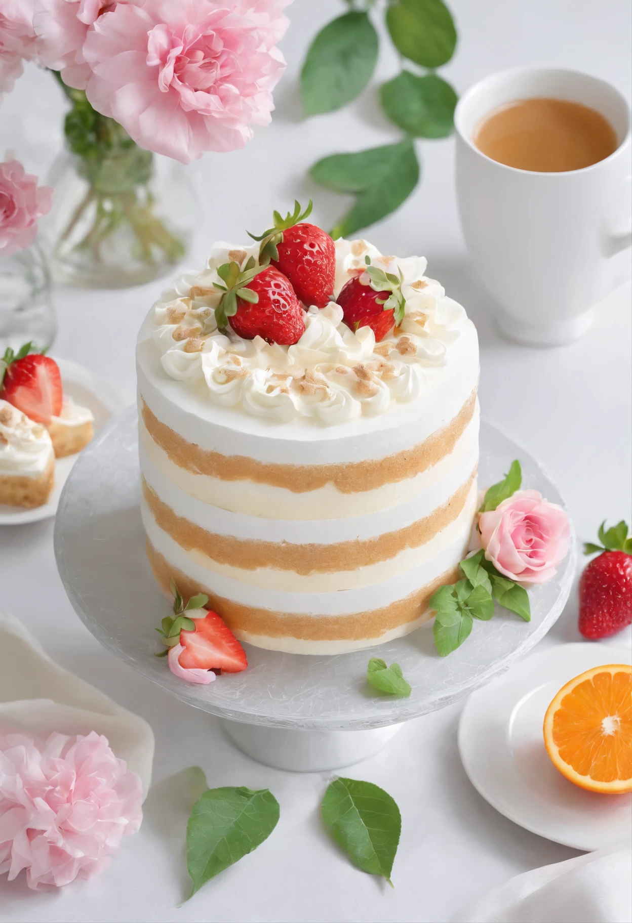 （pastel colour:1.2)、(cute illustration:1.2)、(watercolor painting:1.2)、white background、Floral、green leafs、strawberry, orange, fruits、Shortcake、citric acid、acid、甘acidっぱい、pale pinkish green throughout,,,、waffle、cooking、tiramisu、Cream cake、confections、high tea、sweet、particles of light、drink、Ice cubes、still life photography