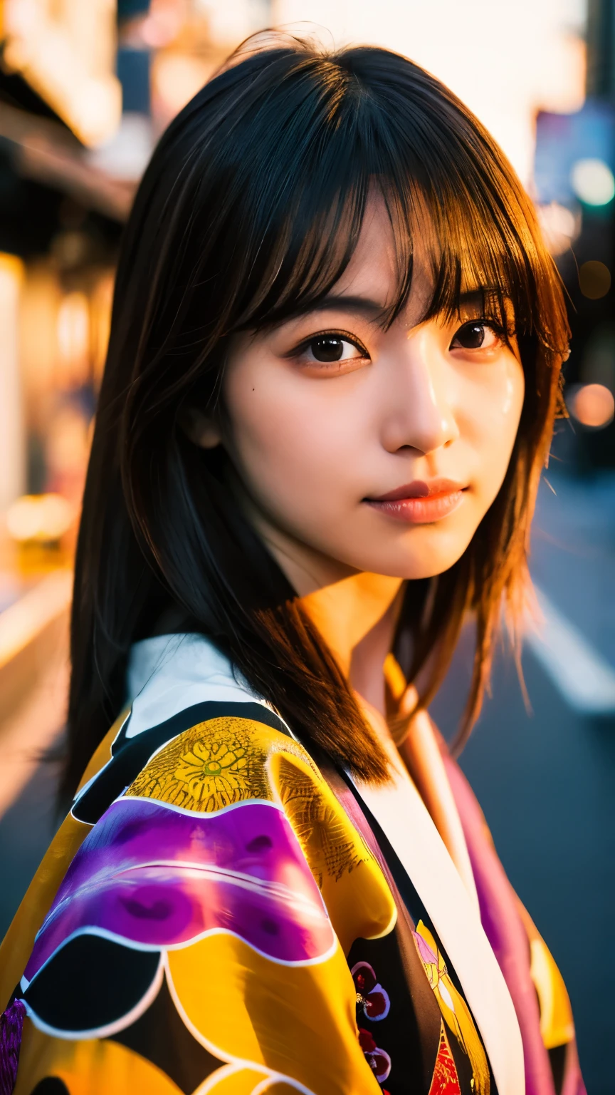 Beautiful Japanese supermodel woman, A lock of hair with slight highlights, black eyes, mixed media, Sexy,Japanese street background,bright kimono , Liquid color flows across her face, sunset,Photographed by Yui Aragaki