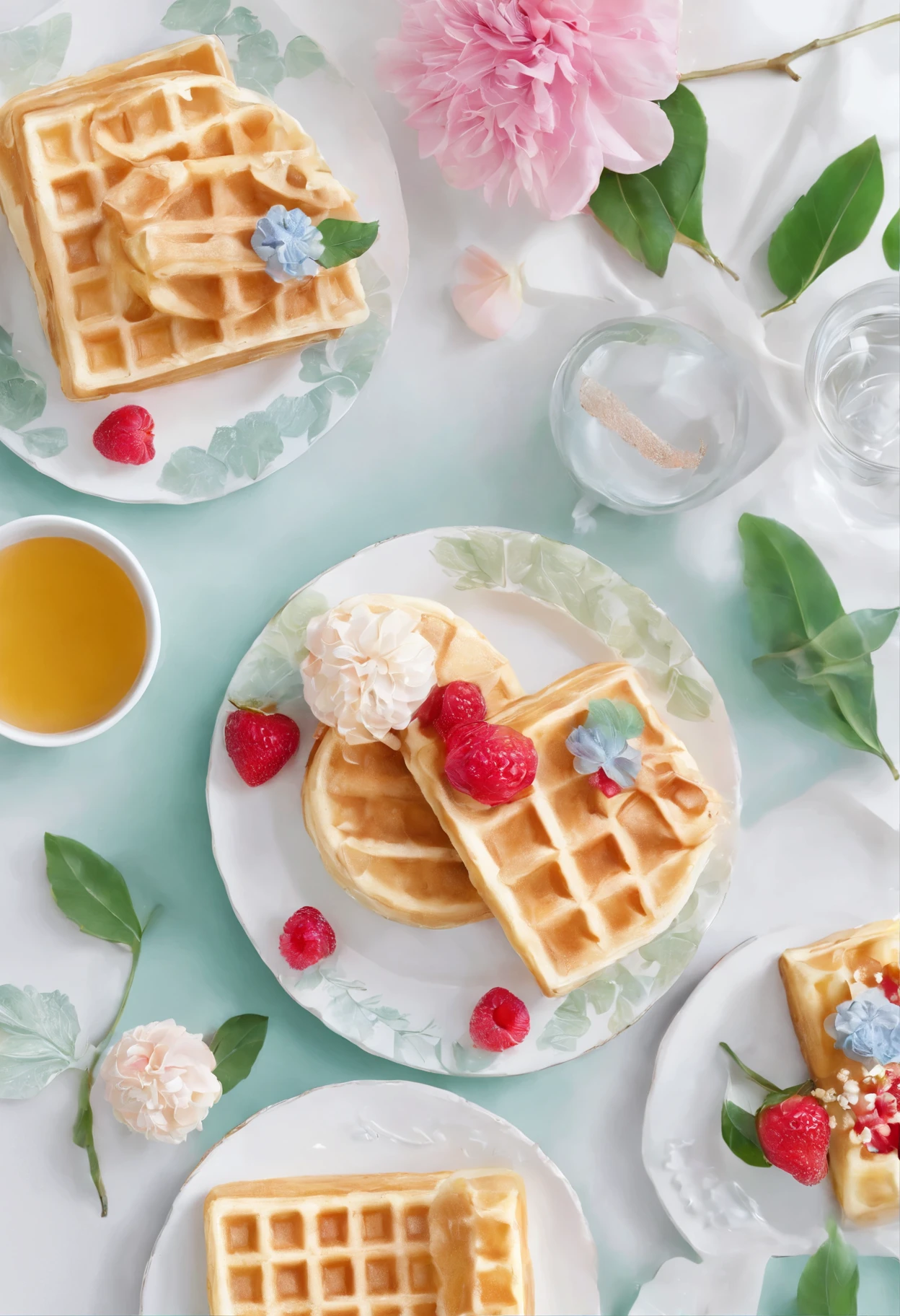 (pastel colour:1.2)、(cute illustration:1.2)、(watercolor painting:1.2)、white background、Floral、green leafs、With banana,mango, fruits、Shortcake、citric acid、acid、甘acidっぱい、pale pinkish green throughout,,,、waffle、bread、cooking、tiramisu、Cream cake、confections、high tea、sweet、particles of light、drink、Ice cubes、still life photography