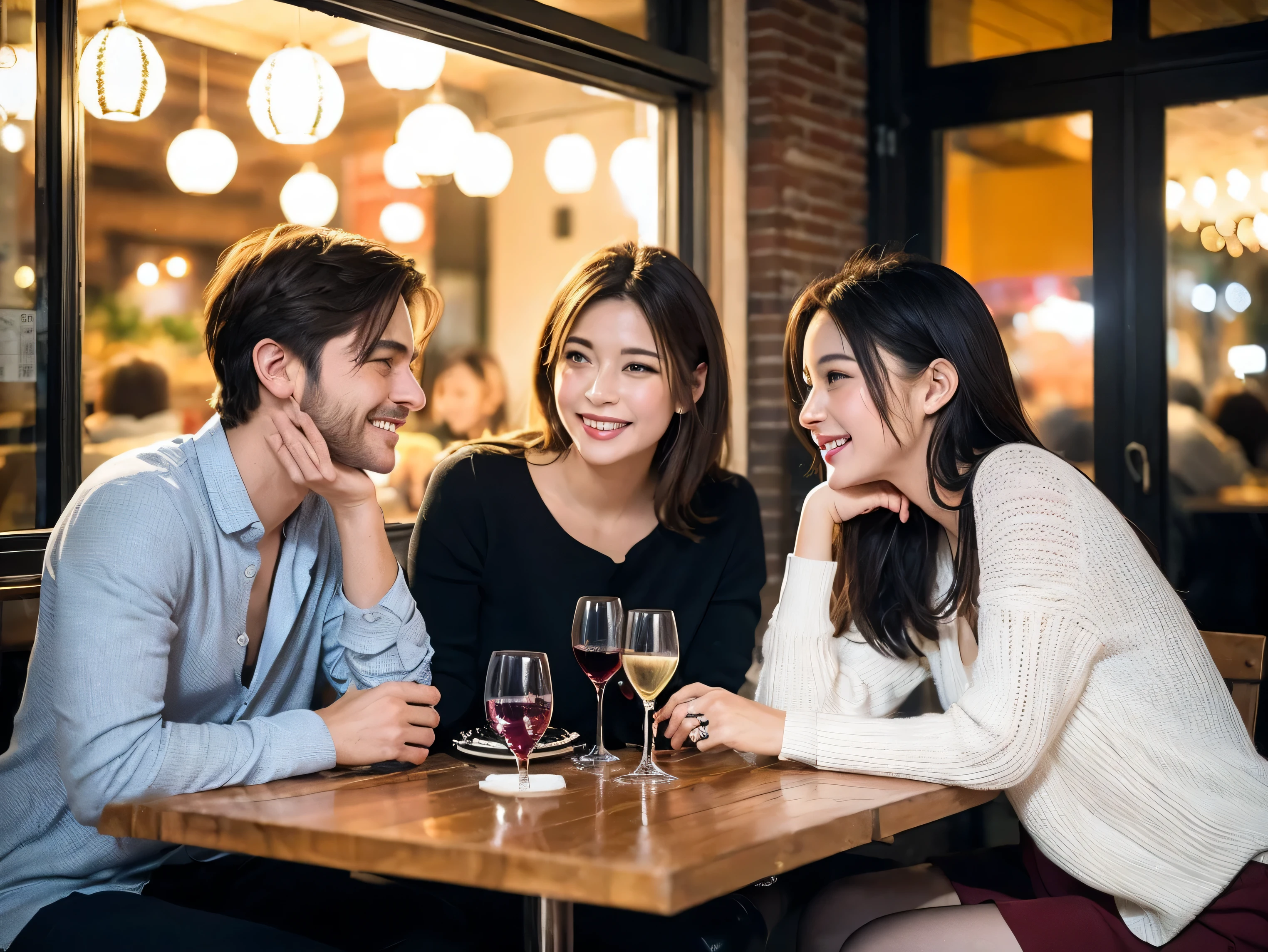 64k, UHD, highest quality, masterpiece: 1.2), (realistic, photorealistic: 1.37), Super detailed, celebration party、3 women who love wine、Three Men、champagne、Sparkling wine、winter night、restaurantでワイン宴会、(slimな男女4名),(Wine party for 5 people)、(slimフェイス),Happy、 最高なsmile、Fox Face、Raccoon face、Berry Short、(because I'thin), (brown hair), (shortcut), long sleeve shirt、winter fashion、Colombia、Brazilian、Japanese、Dutch、German、Portuguese、Belgian、Italian、french, (gushing), (slimボティ), (brown hair), (shortcut), Neat beauty、cheeks blush a little, (41 years old), 38 years old, alone, A beautiful and detailed night view spreads out outside the window....., restaurant, wine glassが座っている, At night, in a prominent place (from the Upper body) nova frog style, actress, model, Upper body, White wine, slim, wine glass, Very beautiful night view, wine glass Put in the Middle, Happy smile, (smile: 1.15),