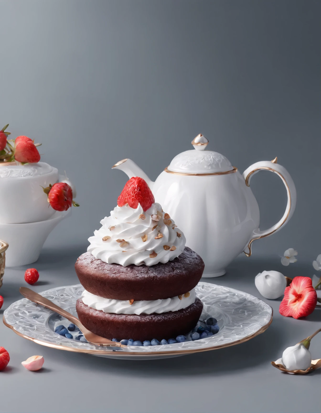 Projected inset, Rococo style, hyper hd, table top, Accurate, Super detailed, advanced details, award-winning, high quality, 8K
(Close up of royal premium tea cup and whipped cream cake),(scoop,fresh flowers,chocolate)(Perfect integration:1.37),Surrealist amazing food illustrations, great composition, Cooking Art Photography, Great food pictures, 3 Illustrations, Artwork Baking, cinema 4 d art, author:by Marie Bashkirtseff, made with photoshop, 3D Collage, 3 d epic illustrations, Beeple. hyper photorealism