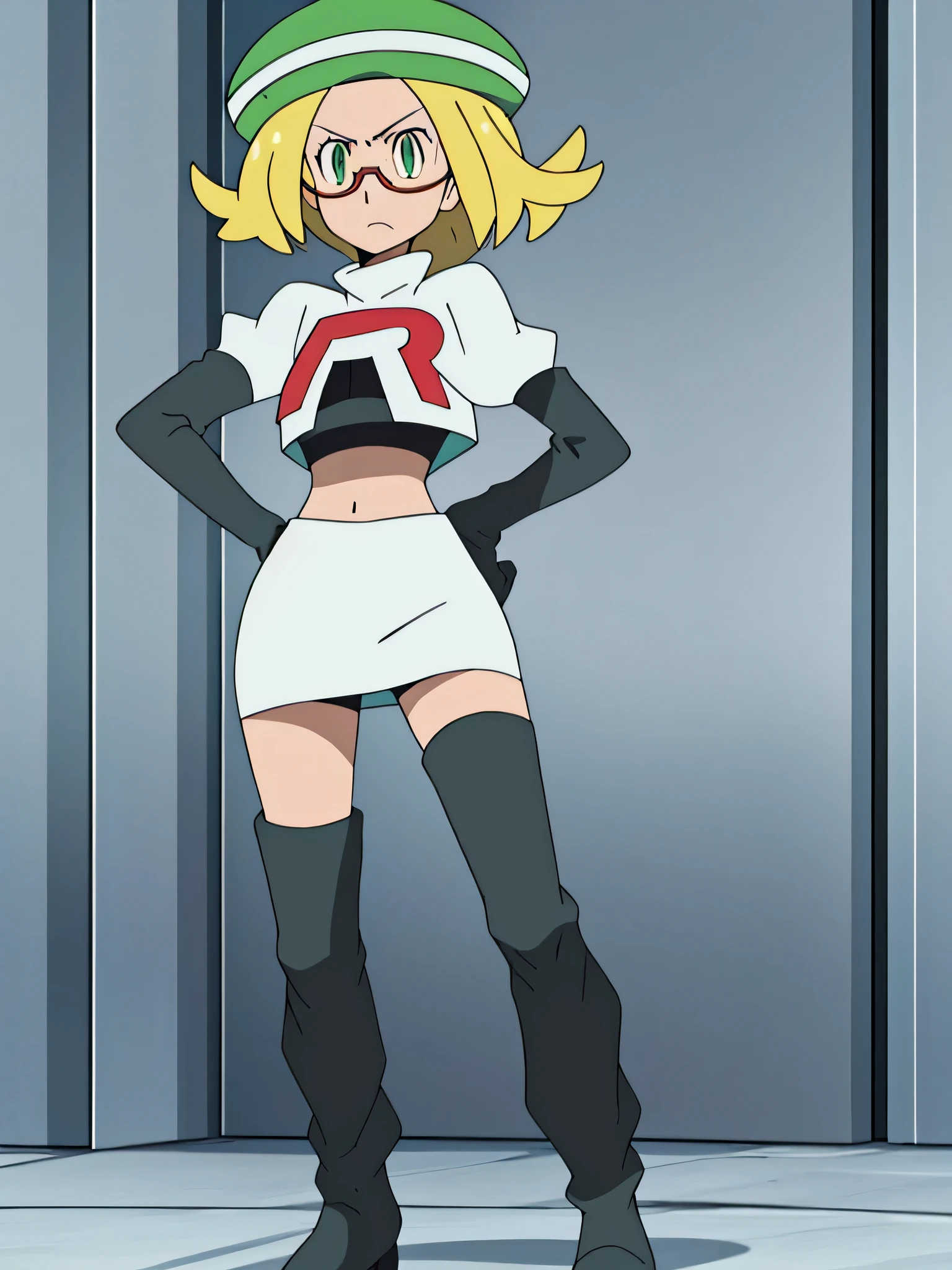 masterpiece, best quality, highres,team rocket uniform, red letter r, white skirt, white crop top, black thigh-high boots, black elbow gloves, glaring angrily, looking at viewer, hands on hips, full body seen, zettai ryouiki, Bianca, green hat, glasses contrapposto