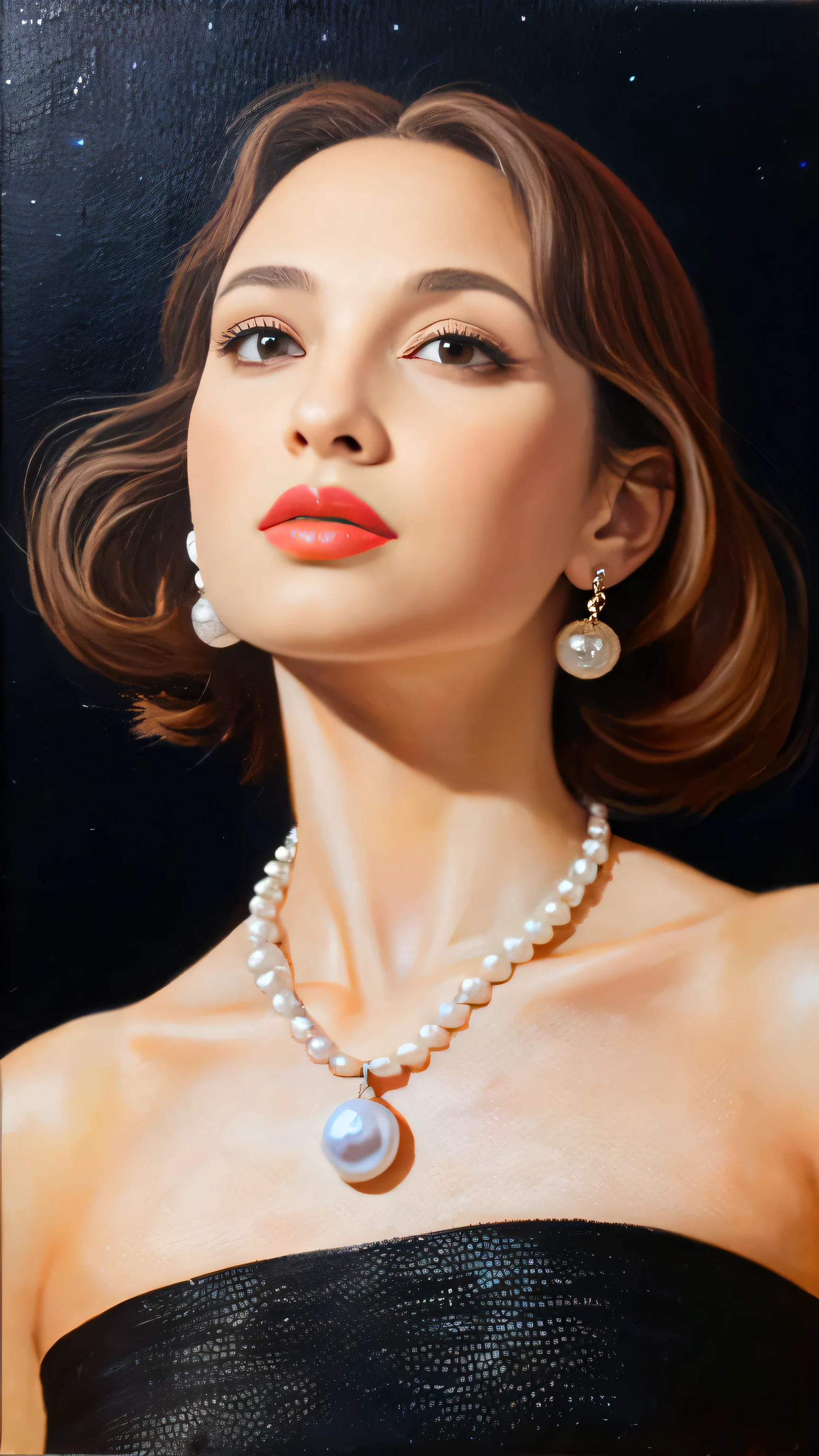 Natalie Portman, Oil painting, Renaissance, Leonardo da Vinci, model, modern style, modern clothing, pop star, cool, short hair red color pearl necklace, earrings, modern makeup, red lipstick, Starry night, dress with black stars, ring, defined strokes  