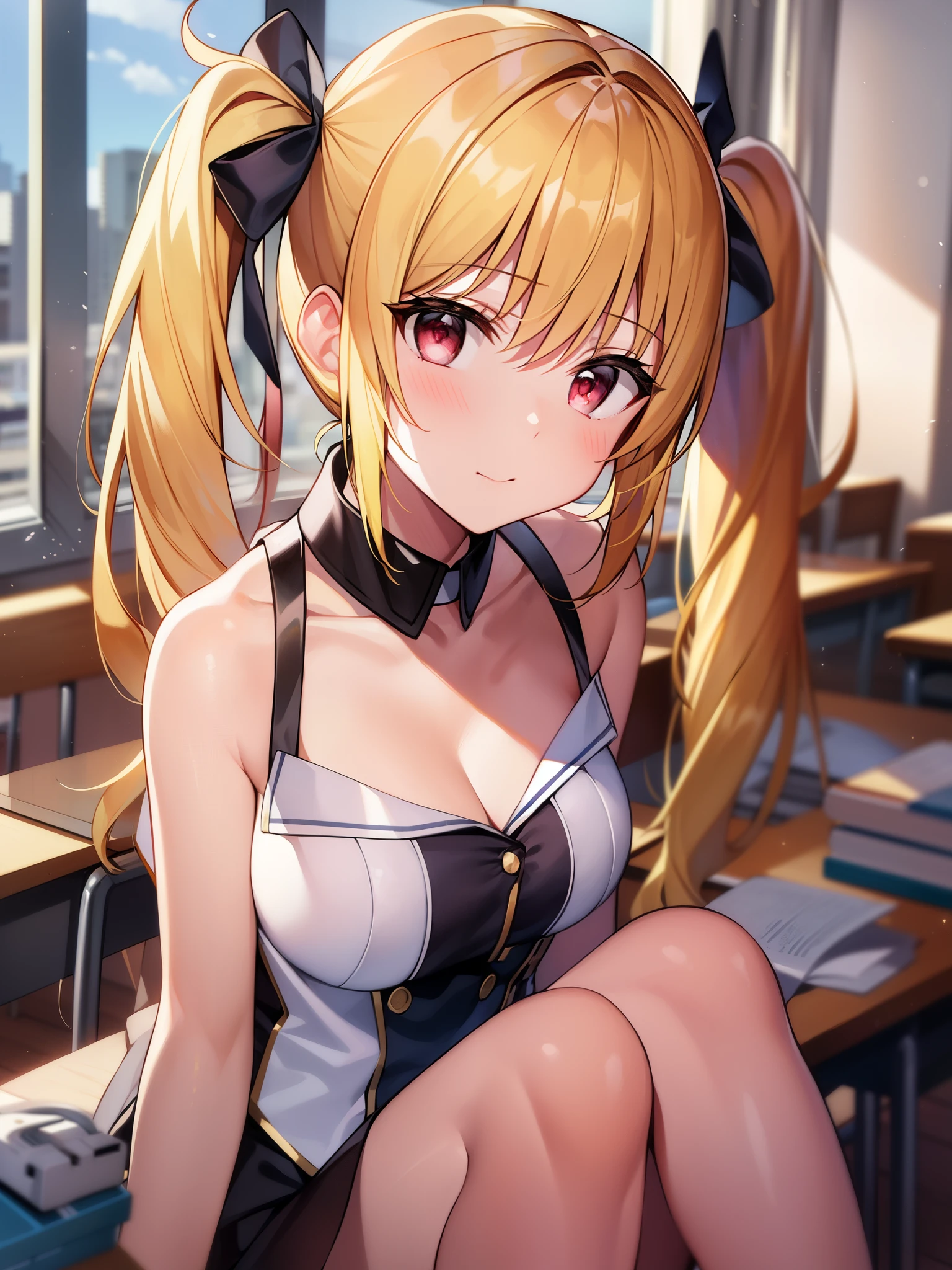 (masterpiece:1.2、highest quality)、1 female、solo、uniform、classroom、daytime、sit、blonde、twin tails、red eye、open clavicle、brown skin、(open chest:1.1)、