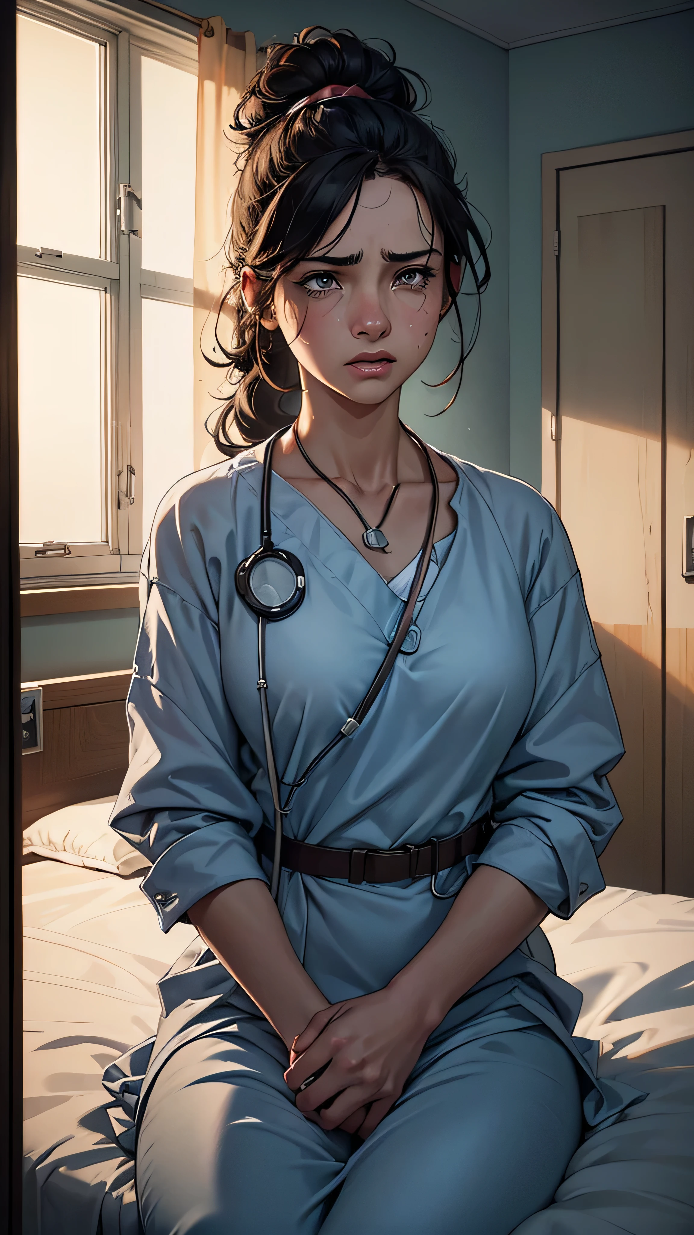(best quality,4k,8k,highres,masterpiece:1.2),ultra-detailed,(realistic,photorealistic,photo-realistic:1.37),a very shocked amazed and angry girl in the Hospital because she is patient,nurse taking care of her,A girl sitting on the bed with her eyes wide open,wearing a hospital gown,Abruptly awaken from a nightmare,loudly screaming,struggling to catch her breath, her heart pounding,terrified expression,tears streaming down her face,disheveled hair,hands tightly gripping the bed sheets,a doctor rushing into the room,wearing a stethoscope around his neck,hurriedly checking her pulse and vital signs,sympathetic and concerned,nurse holding a clipboard,writing down the patient's symptoms,medical equipment and monitors beeping in the background,dark and sterile hospital room,white walls and bright overhead lights,medical charts and x-ray images displayed on the wall,a glimpse of other patients in the nearby beds,receiving treatment or resting,an open door revealing a bustling hallway outside,white-coated medical staff passing by,urgency and frenetic activity,enveloped in an atmosphere of concern,anxiety and fear,picturesque portraits,lifelike oil painting style,hi-resolution illustrations,emphasizing the girl's facial features and emotions,vivid colors contrasting with the sterile environment,saturated blues and reds,creating a tense and dramatic mood,dramatic lighting,casting deep shadows and highlighting the girl's distressed expression,sunlight pouring through a window,illuminating the turmoil and chaos in the room,creating a sense of unease and urgency.
