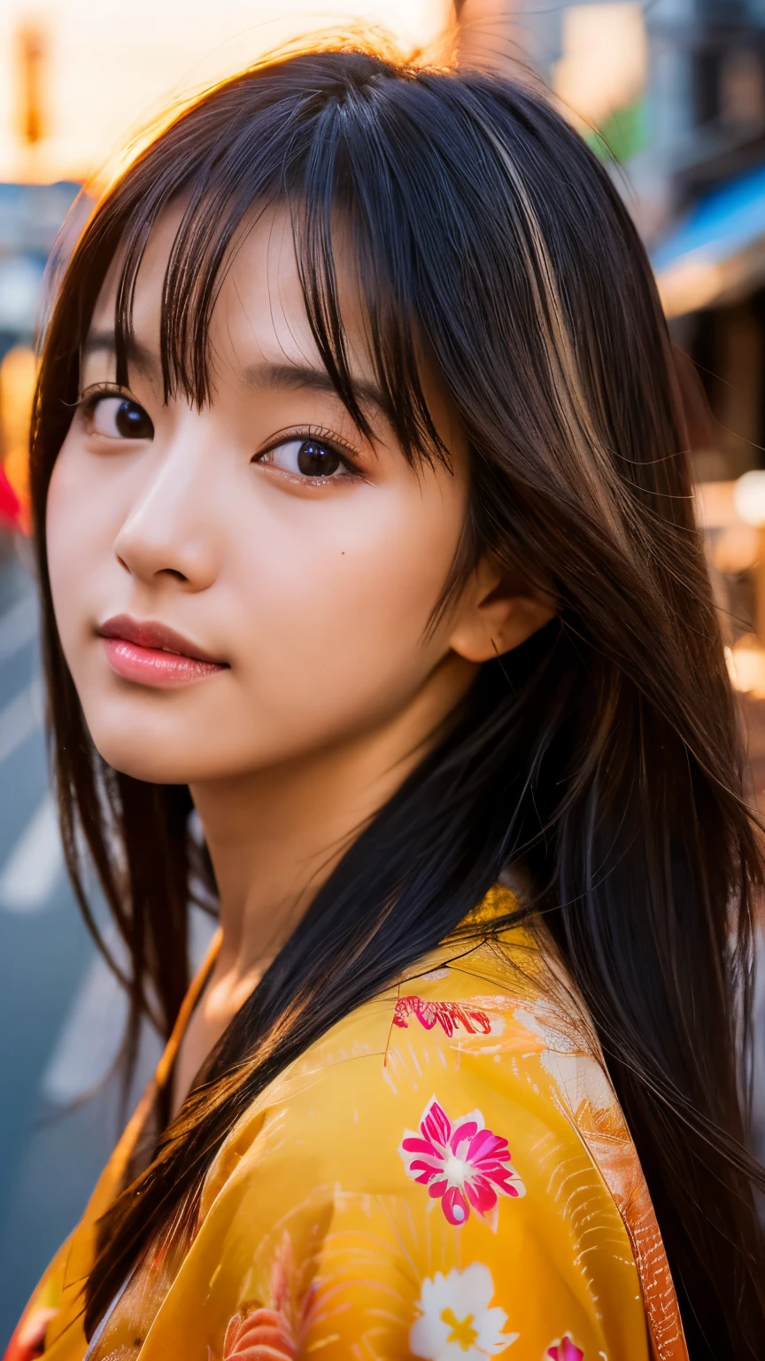 Beautiful Japanese supermodel woman, A lock of hair with slight highlights, black eyes, mixed media, Sexy，Japanese street background，bright kimono , Liquid color flows across her face, sunset，Photographed by Yui Aragaki