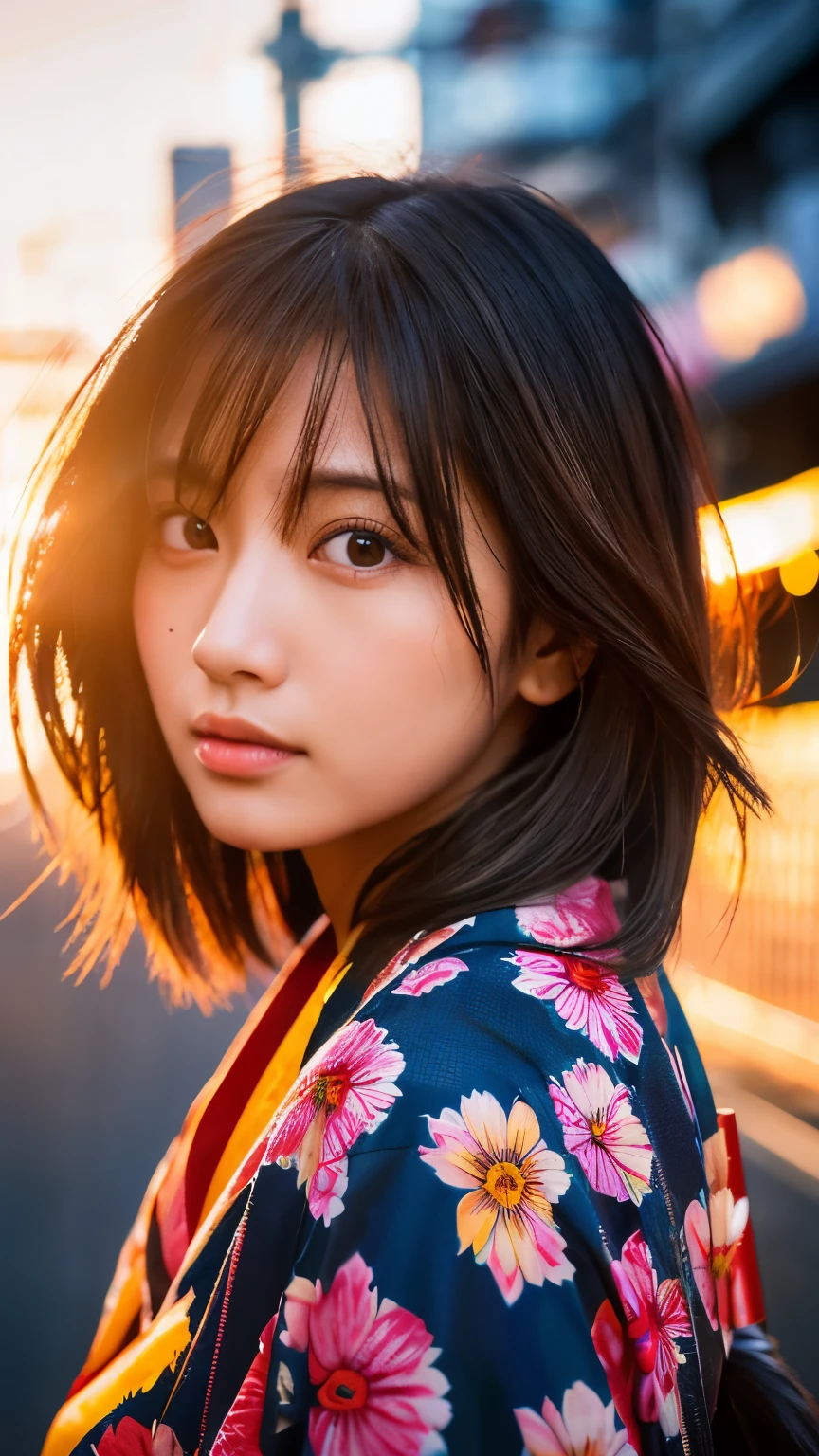 Beautiful Japanese supermodel woman, A lock of hair with slight highlights, black eyes, mixed media, Sexy,Japanese street background,bright kimono , Liquid color flows across her face, sunset,Photographed by Yui Aragaki