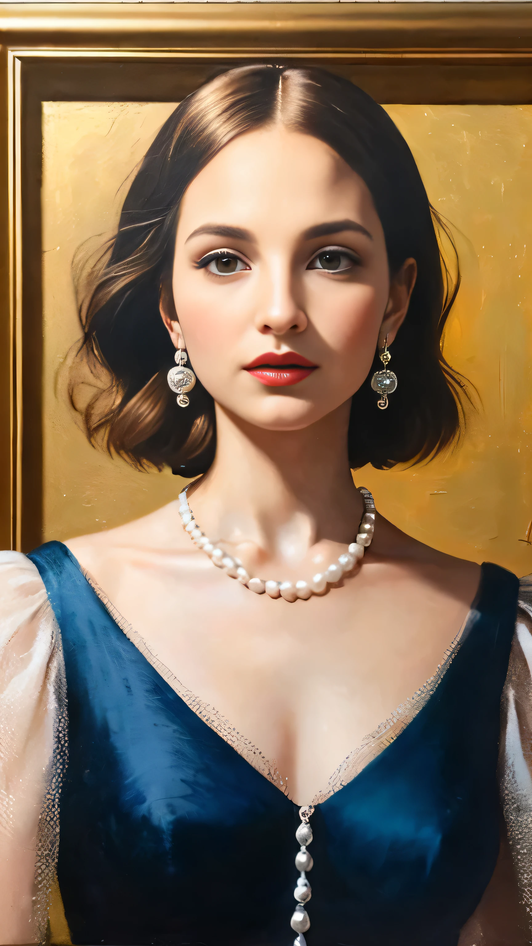 Natalie Portman, Oil painting, Renaissance, Leonardo da Vinci, model, modern style, modern clothing, pop star, cool, short hair red color pearl necklace, earrings, modern makeup, red lipstick, Starry night, dress with black stars, ring, defined strokes  
