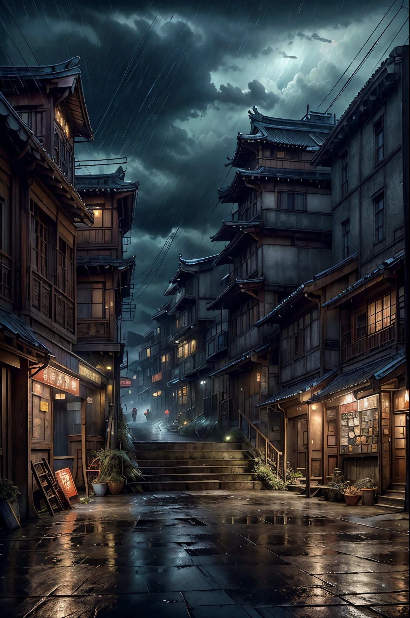 Feder village view，a lot of lights on the buildings，Dream China Town，china village，stunning wallpapers，japanese village，surreal photo of a small town，old asian village，(The sky in the distance is covered with dark clouds)，japanese city，Raymond Han，rainy night, Cyberpunk Chinese Ancient Castle, well-lit building, Late afternoon，in the rain, Beautiful and beautiful, photography, light, 8k, high detail ((downpour，windows brightly lit，stairs)))