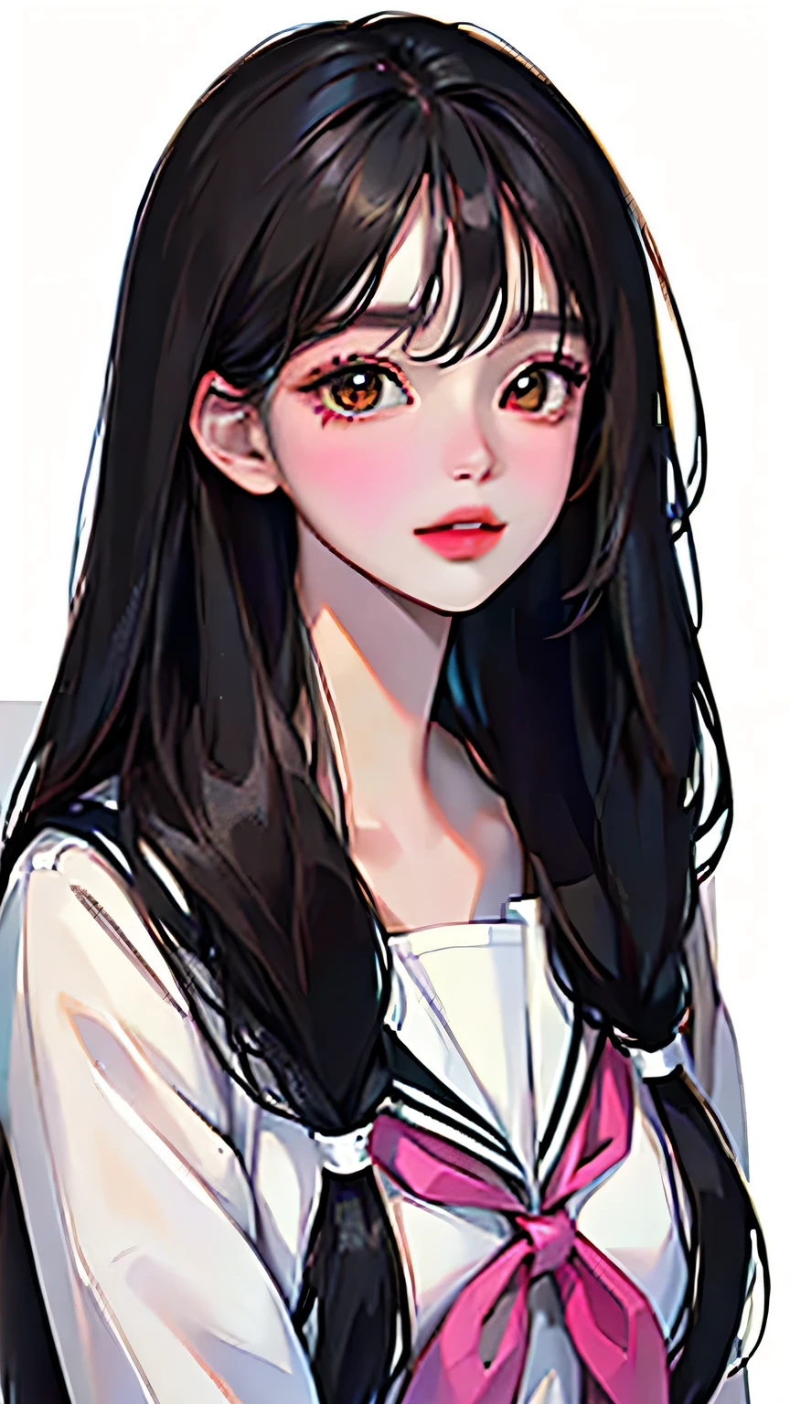 (highest resolution, clear_image) highest quality, woman, masterpiece, very detailed, (semi-realistic), long black hair, long straight hair, Black hair bangs, mature, Cherry glossy lips, white background, close-up portrait, three-dimensional round eyes, , beautiful face, fit the body, brown eyes, wear korean uniform, high school student, wearing gems