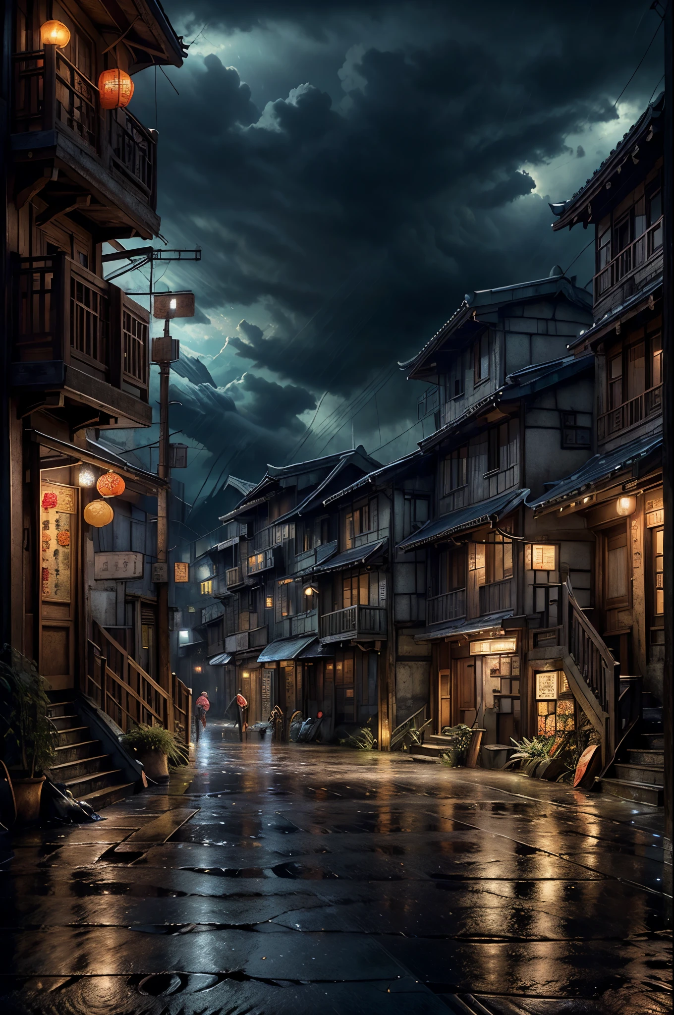 Feder village view，a lot of lights on the buildings，Dream China Town，china village，stunning wallpapers，japanese village，surreal photo of a small town，old asian village，(The sky in the distance is covered with dark clouds)，japanese city，Raymond Han，rainy night, Cyberpunk Chinese Ancient Castle, well-lit building, Late afternoon，in the rain, Beautiful and beautiful, photography, light, 8k, high detail ((downpour，windows brightly lit，stairs)))