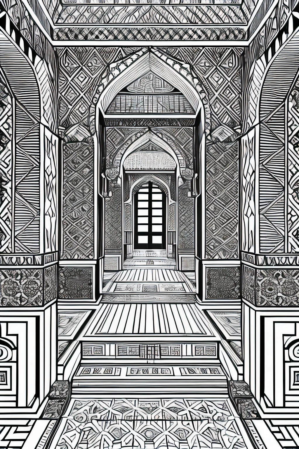 black and white, thick line drawing, simple lines, A maze-like palace with many rooms filled with Islamic patterns in 3D and height direction, without repeating patterns, in the courtyard,colouring page for adult, clean line art, no background