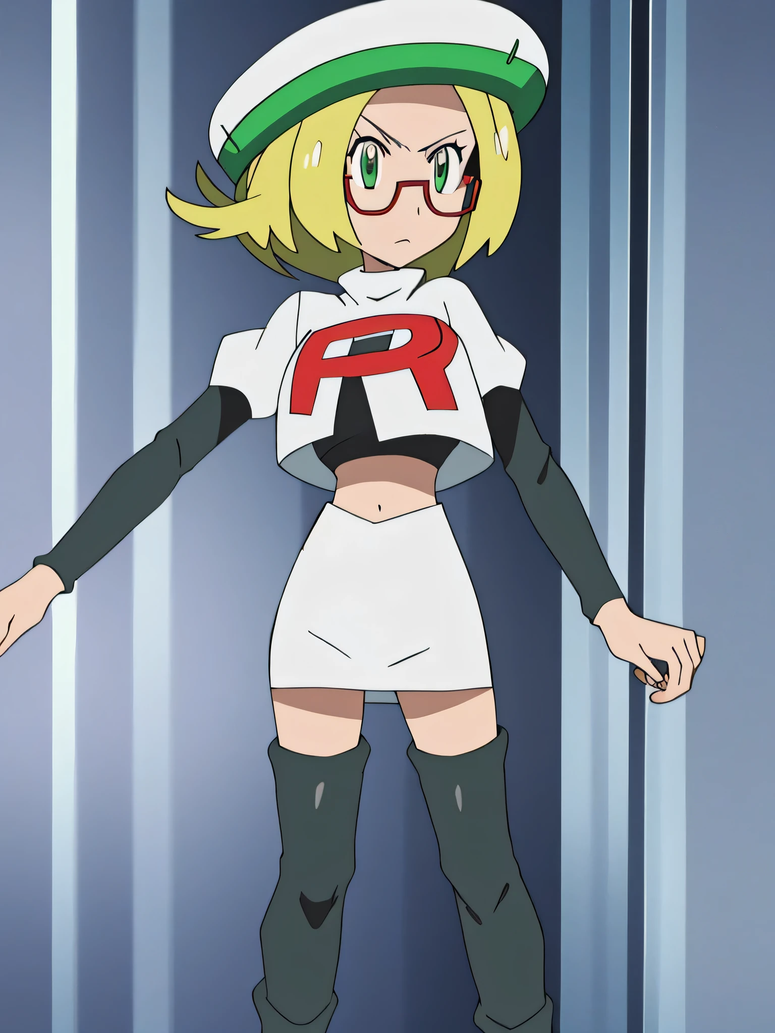 masterpiece, best quality, highres,team rocket uniform, red letter r, white skirt, white crop top, black thigh-high boots, black elbow gloves, glaring angrily, looking at viewer, hands on hips, full body seen, zettai ryouiki, Bianca, green hat, glasses, ulra high quality, digital art, 4k