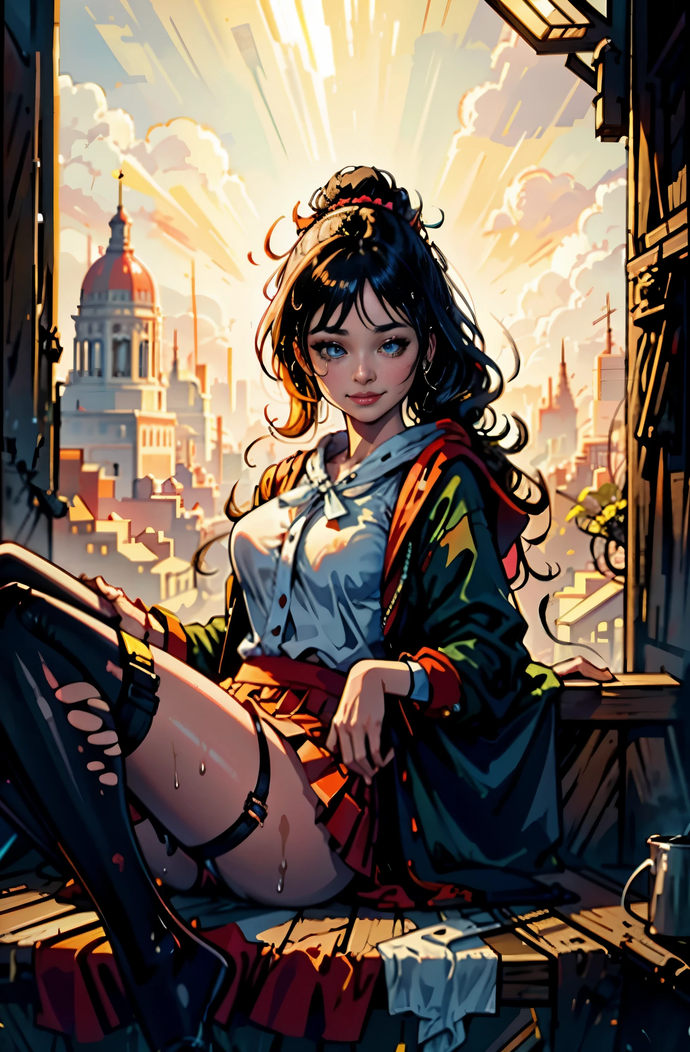 (masterpiece:1.3),(highly detailed:1.3),(highres:1.1),best quality,Ultra-detail,1girl,outdoors,solo,jelomonethm,whie shirt, skirt,looking at viewer,smile, beautiful girl, wet clothes, transparent clothes, nipplees are clearly visible,  is clearly visible, wet , shiney , shiney , (())