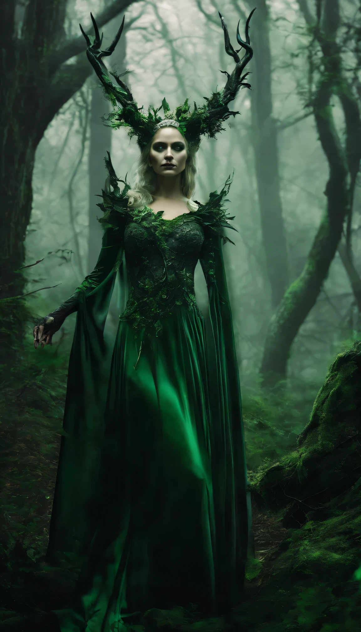 heal, Cameron Diaz, Goddess of the Forest, malicious, Cameron Diaz as malicious, mythology, Forest witch with horns on her head, Necklace with flowers and leaves, В dress с замысловатыми узорами из лиан и побегов, Art in the style of Güviz, Ross Tran, 8K, Wonderful performance by the forest mistress, 8k high quality detail art, Digital art with high detail, Full-length portrait of the Queen of the Forest., Magic Green Light Mastery, Предыстория фильма «malicious», Forest thicket and green fog in the background, dress, consists of a network and shoots with leaves, Light green magic glow with bright green sparkles