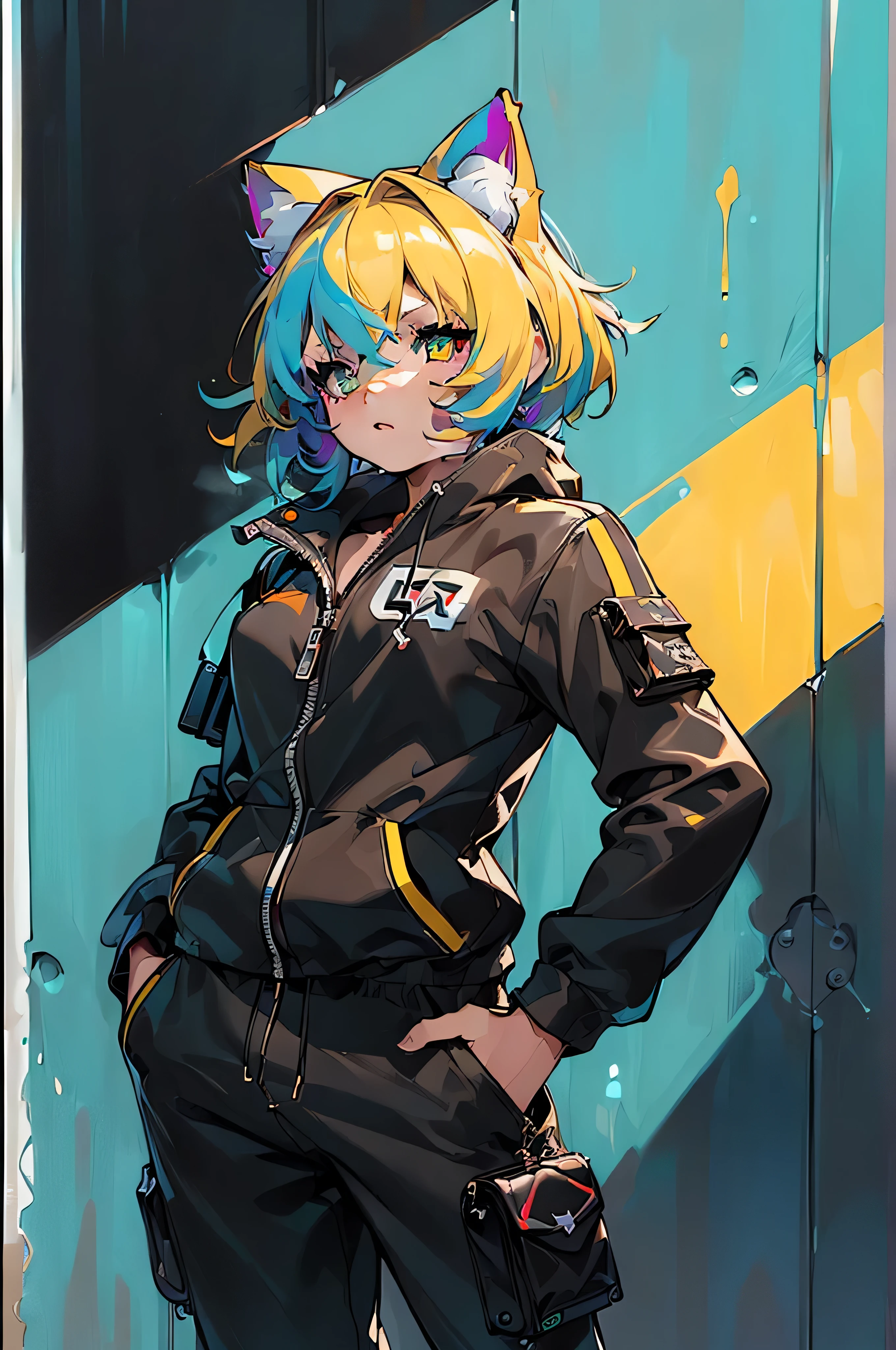 (Best Quality, Masterpiece, Ultra High Definition, High Definition, High Definition: 1.5), A cat is spray painting on an exterior wall, character, colorful, spray art, wearing a jumpsuit and holding a spray, neon colors
